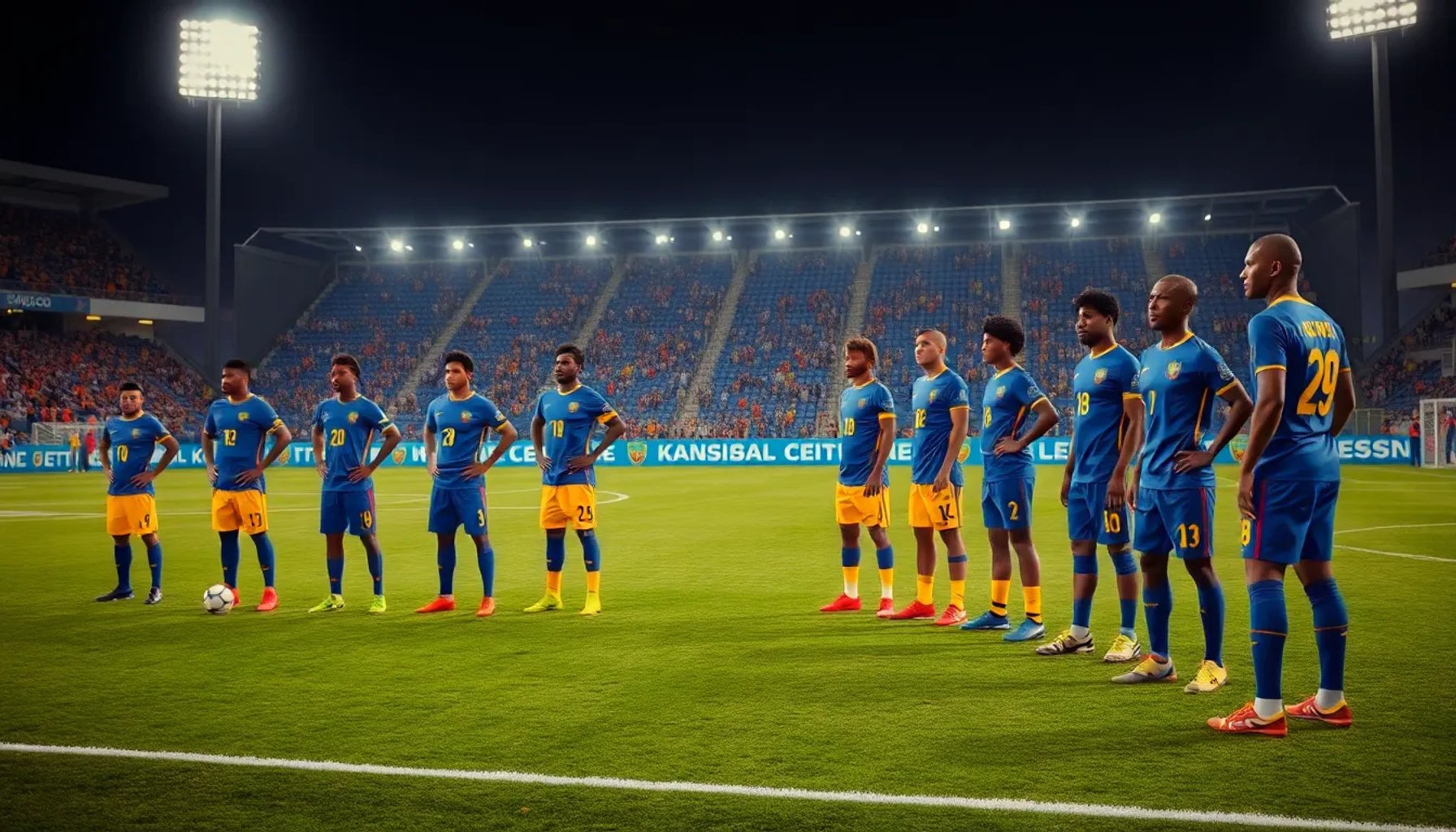 Jugadores de Ecuador y Curazao alineados antes del partido en el estadio de Kansas City, bajo luces nocturnas.