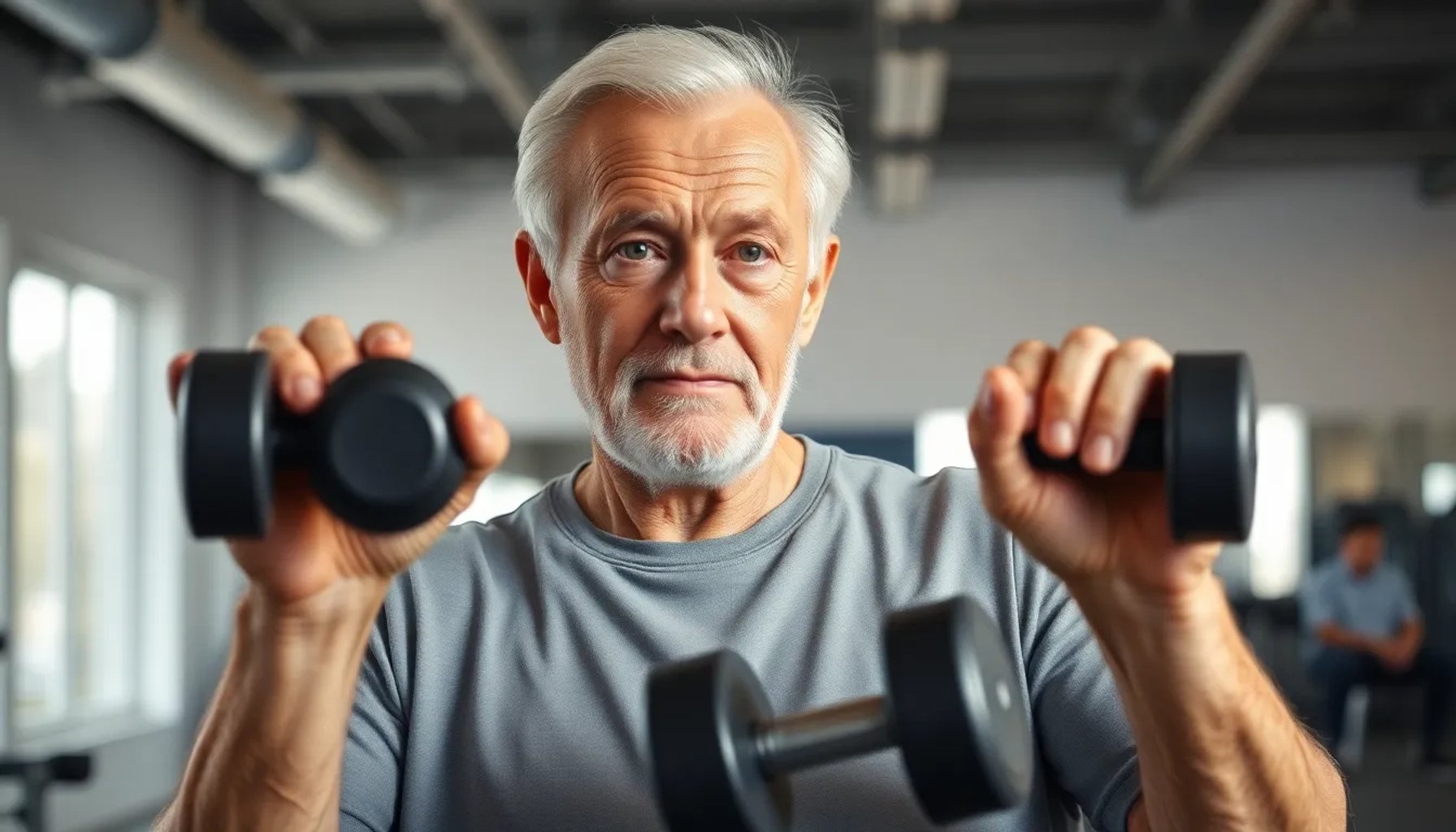 Persona mayor de 70 años entrenando con pesas en un gimnasio moderno, mostrando expresión de confianza y fuerza