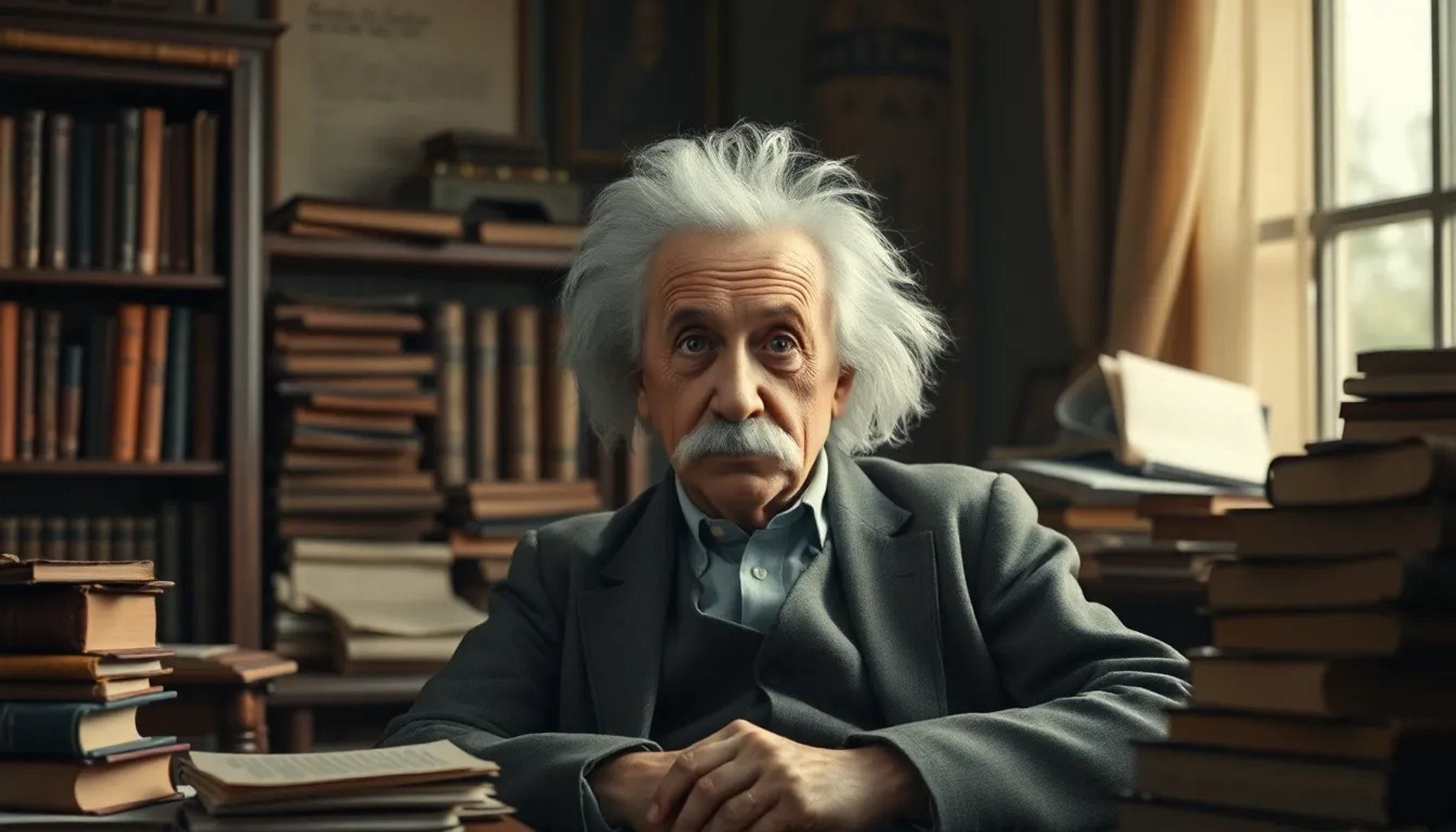 Albert Einstein sentado en su estudio, rodeado de libros y papeles, reflejando serenidad y pensamiento profundo
