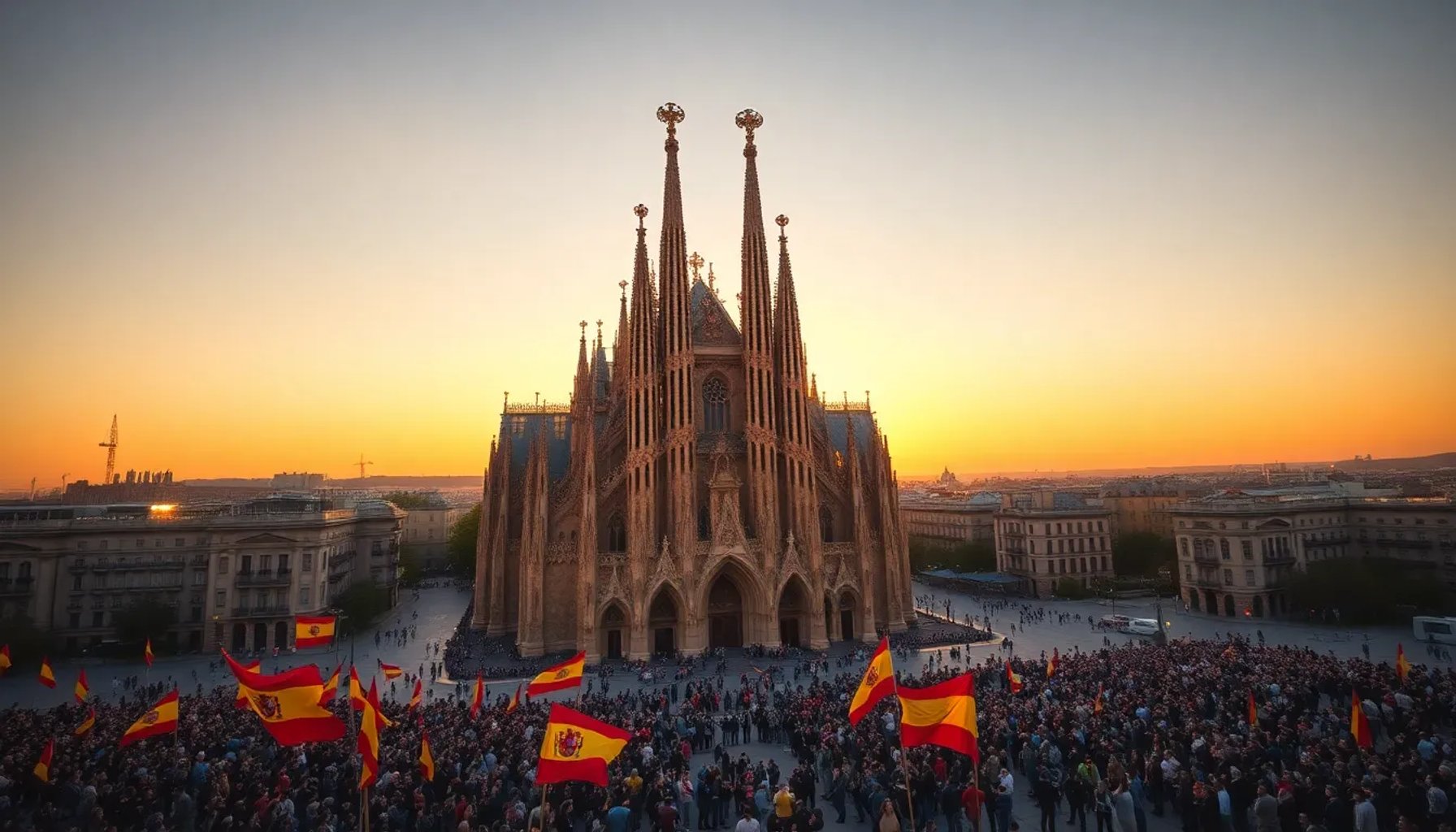 Vista aérea de la Sagrada Família iluminada durante el acto con multitudes y banderas de Barcelona