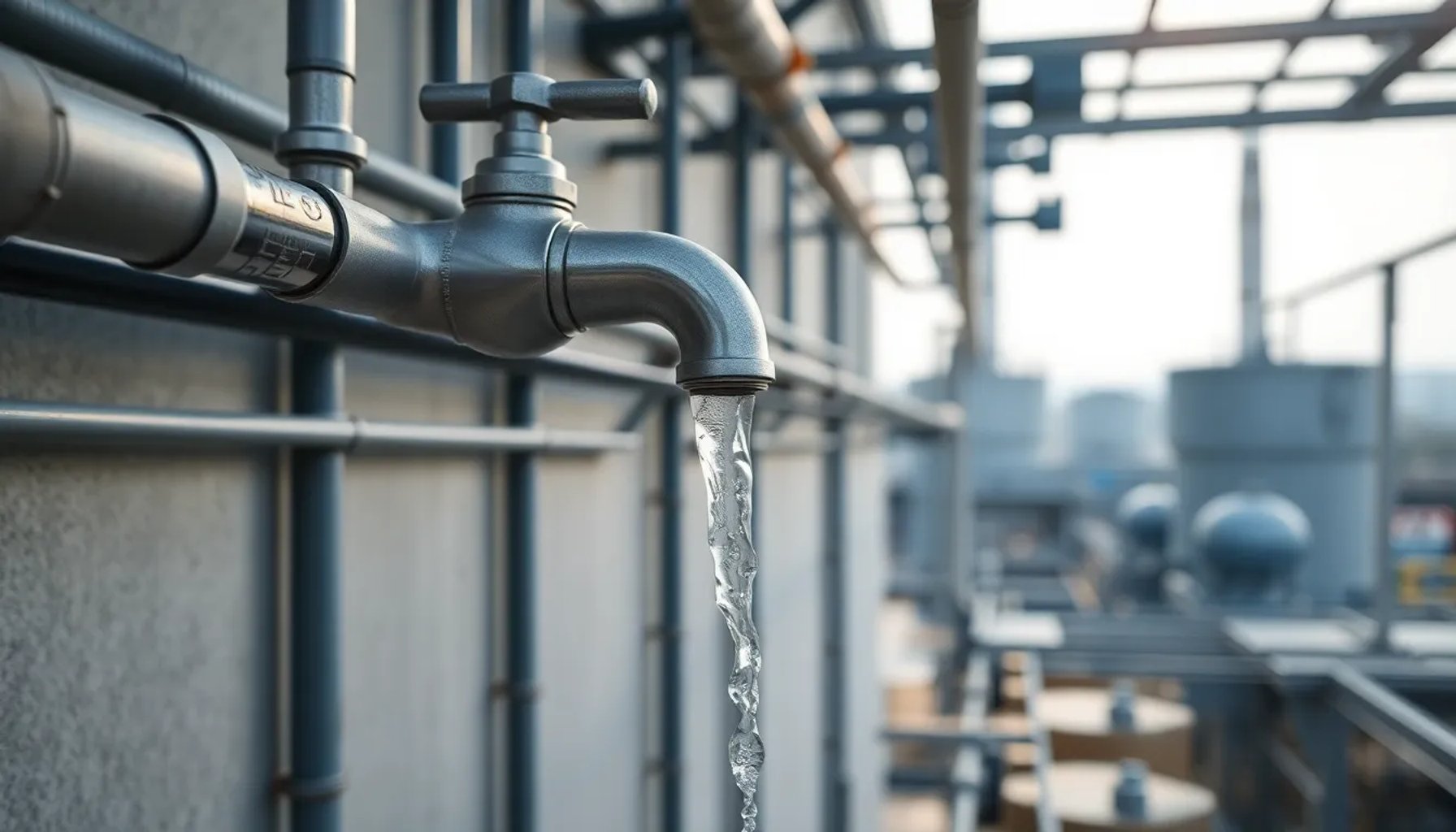 Ilustración de una llave de agua corriendo sobre un fondo de red de distribución urbana