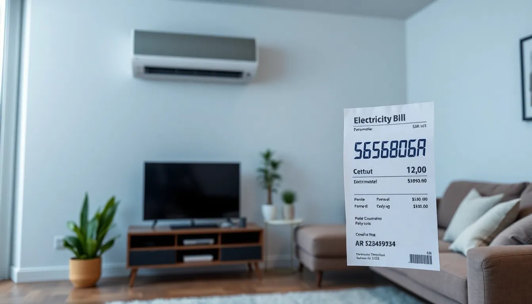 Habitación moderna con aire acondicionado encendido, mostrando el medidor de consumo eléctrico y una factura de luz elevada