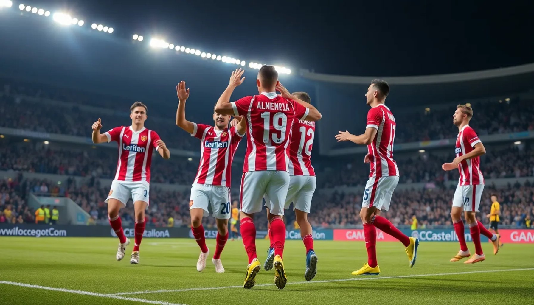 Jugadores del Almería celebrando un gol frente al Castellón en el estadio