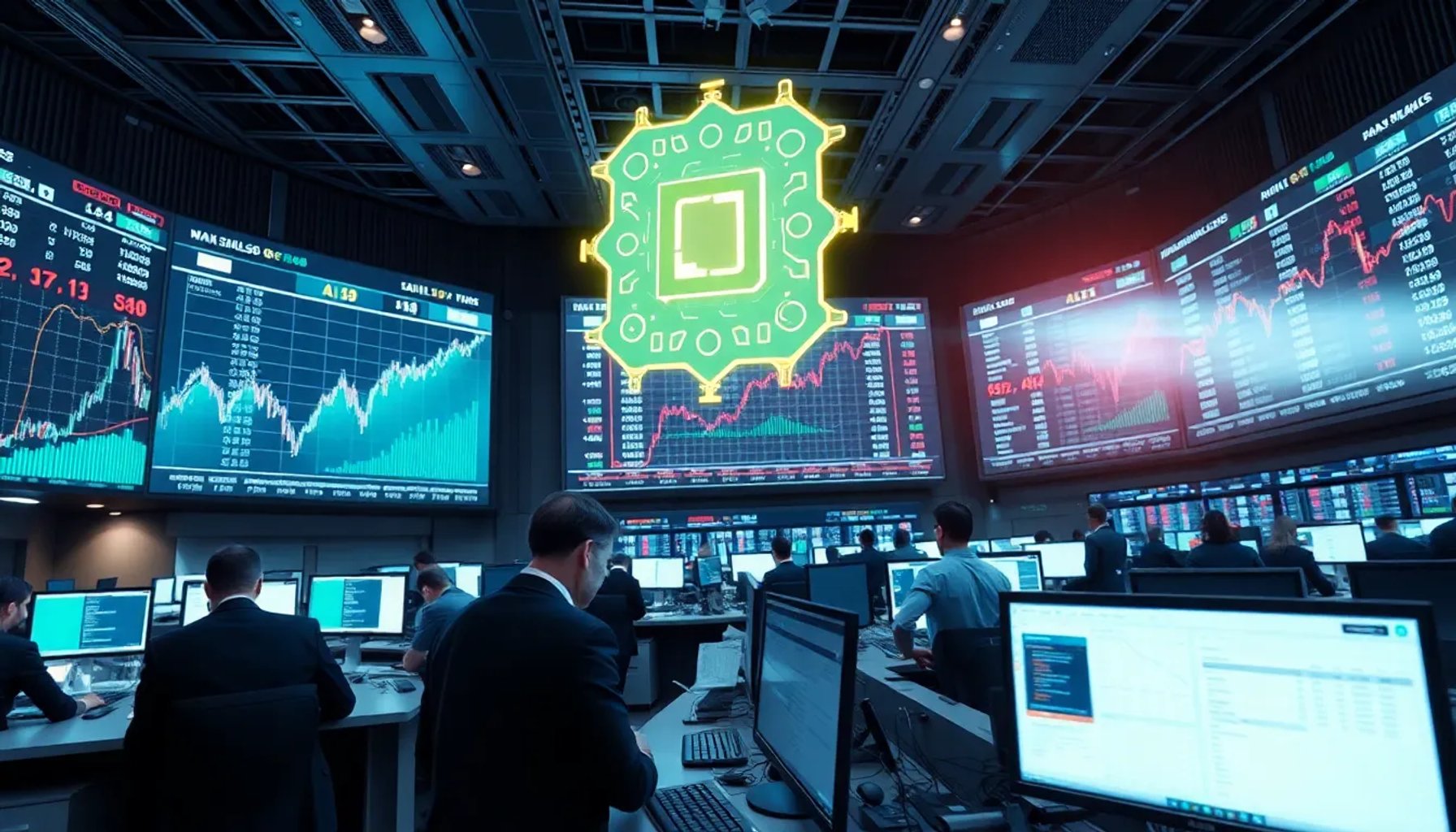 Gráfico que muestra el crecimiento del S&P 500 y chips de IA en un fondo de sala de operaciones