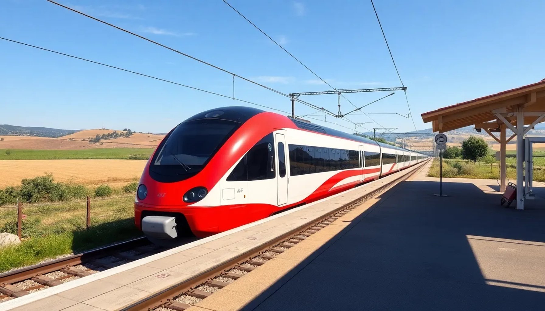 Tren AVE detenido en la estación de Bargas con el paisaje de la campiña toledana al fondo