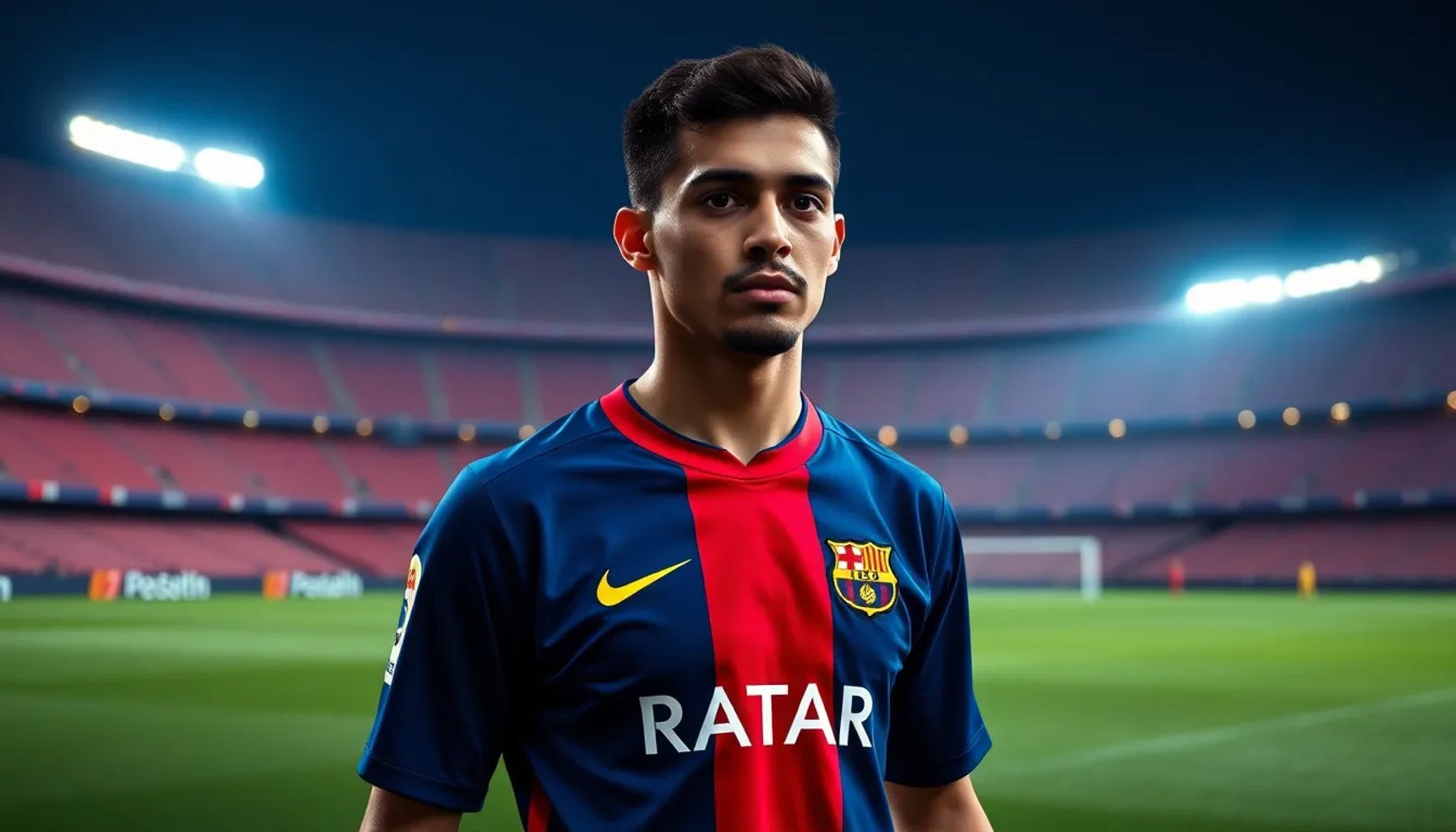 Hamza vistiendo la camiseta azulgrana del FC Barcelona, celebrando su fichaje en el Camp Nou