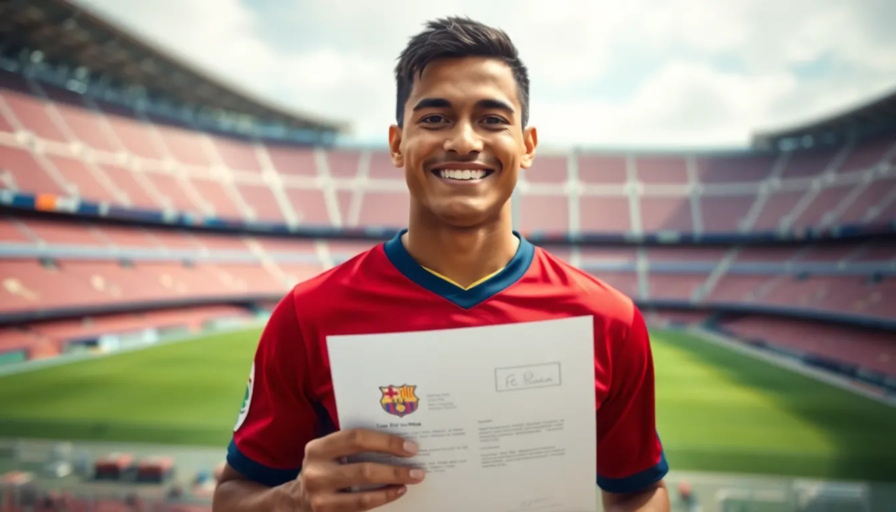 Josué Caicedo celebra con la camiseta del Barça tras firmar su contrato en el Camp Nou
