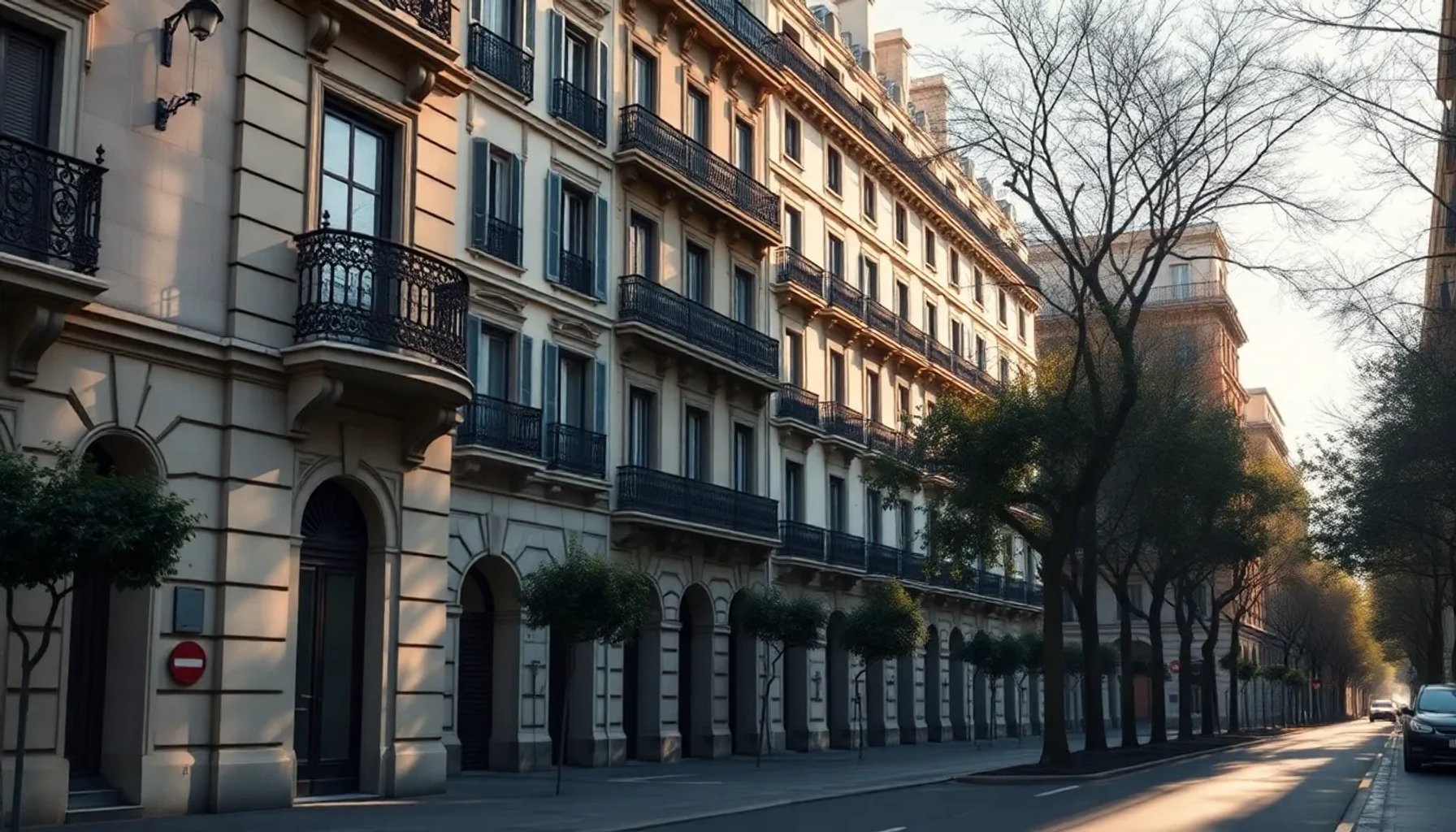 Vista panorámica del elegante barrio madrileño con sus mansiones y la histórica residencia papal