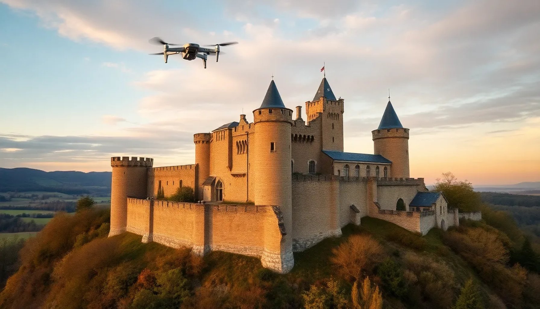 Vista aérea del castillo de Beaufort rodeado de colinas y con un drone volando sobre sus torres