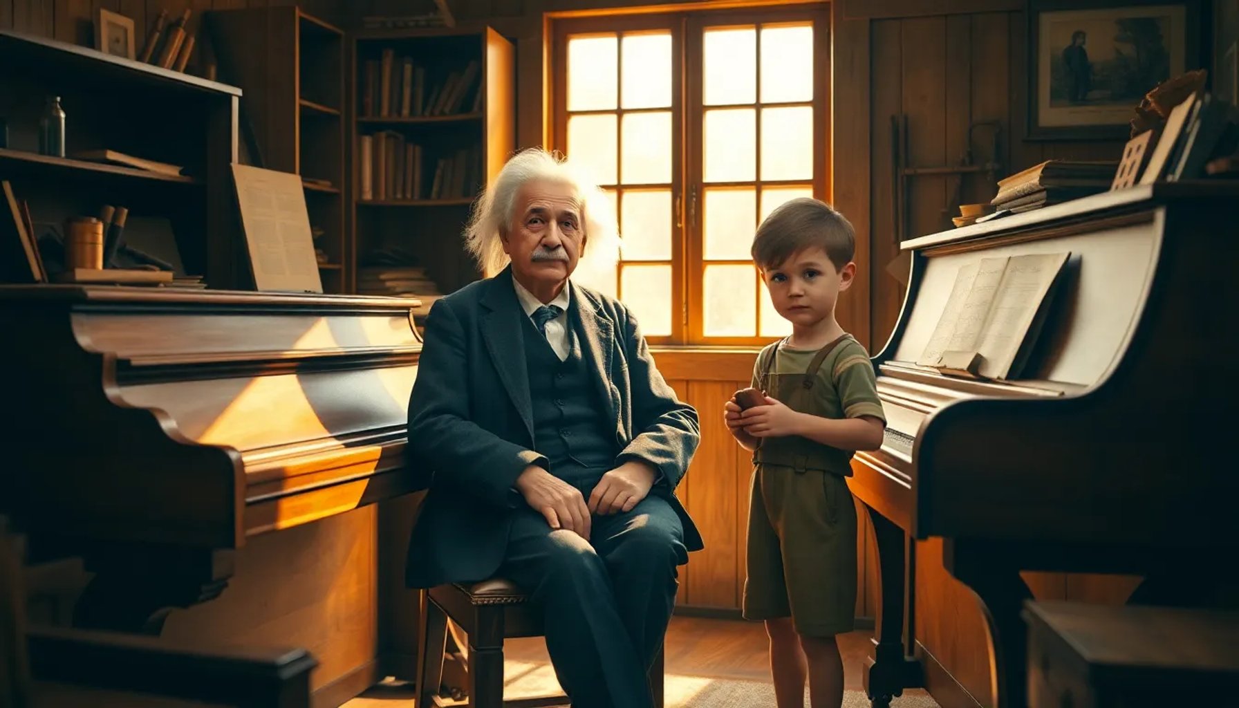 Albert Einstein sentado junto a un piano mientras su hijo observa una pieza de madera tallada