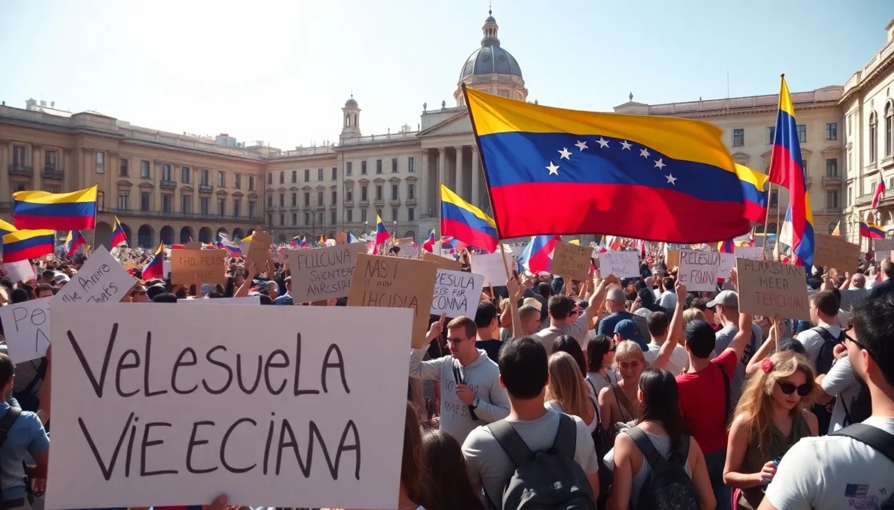 Multitud de venezolanos en una plaza urbana mostrando pancartas contra la intervención extranjera