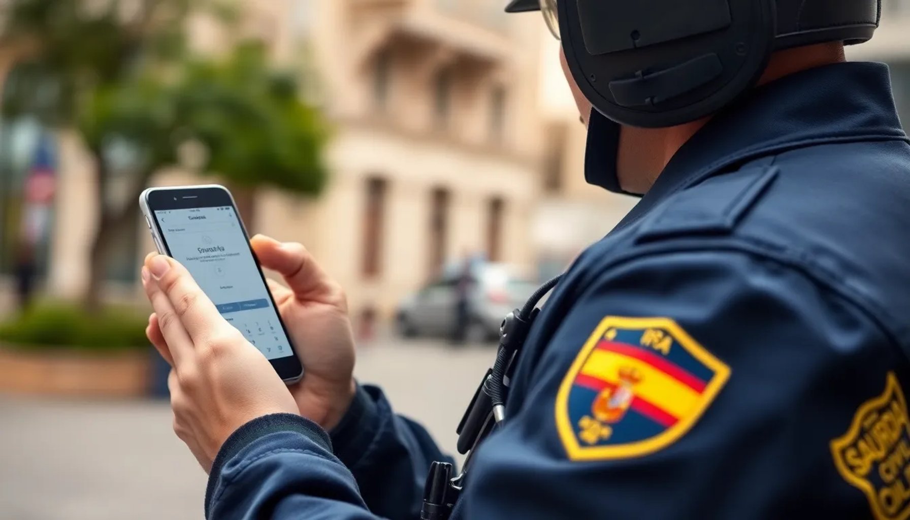 Guardia civil revisando una aplicación de gestión en su smartphone durante una patrulla