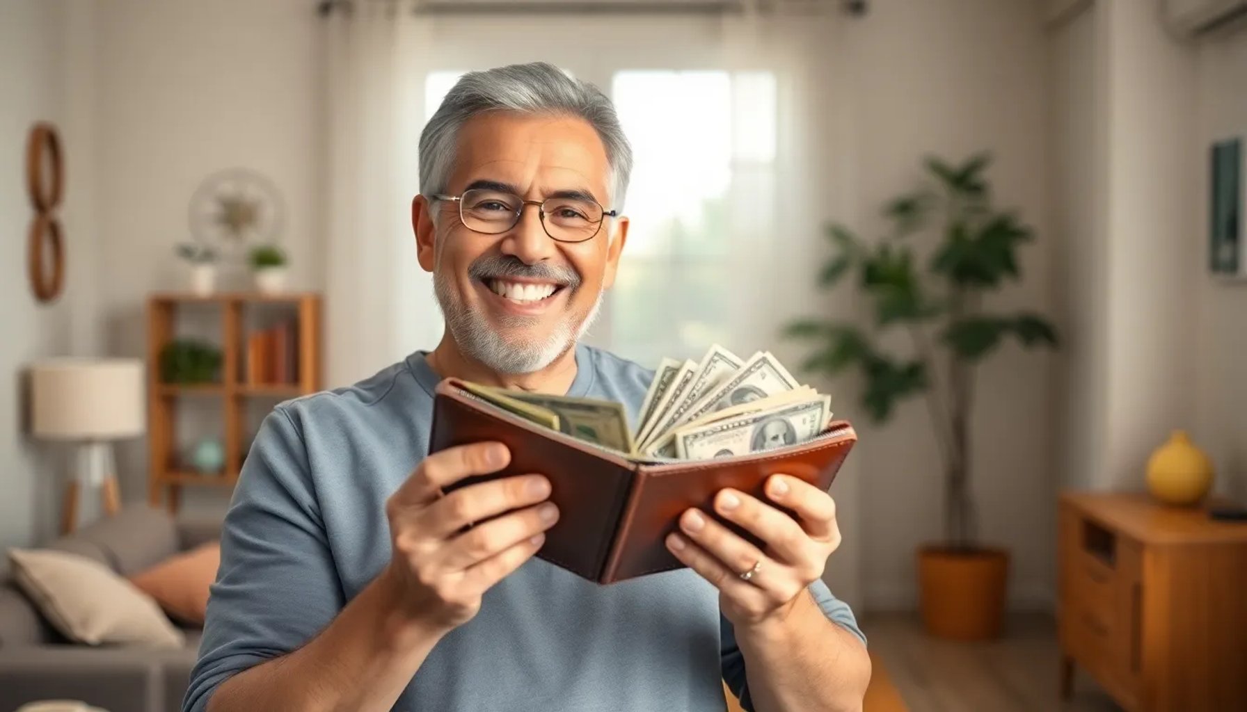 Persona sonriente sosteniendo una billetera llena de billetes, rodeada de símbolos de bienestar como una casa y una familia