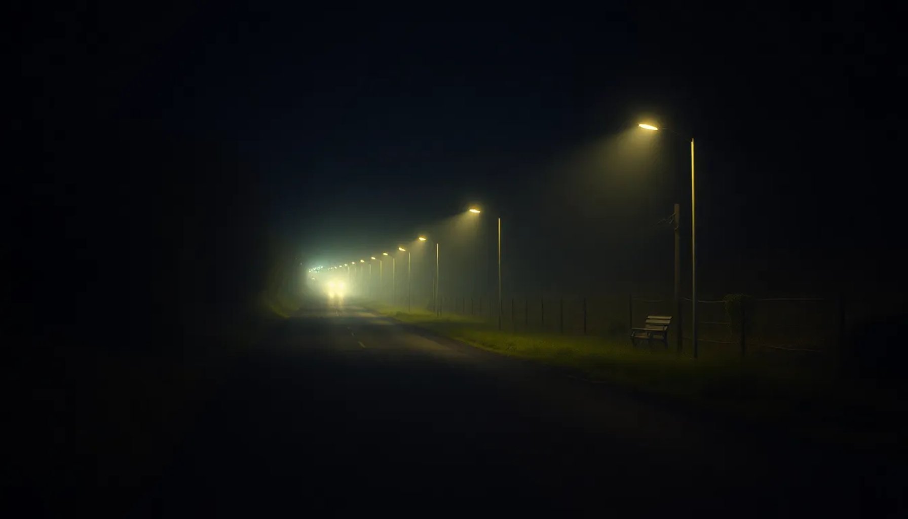 Escena nocturna de una carretera vasca con luces tenues, evocando el ambiente de los años 90