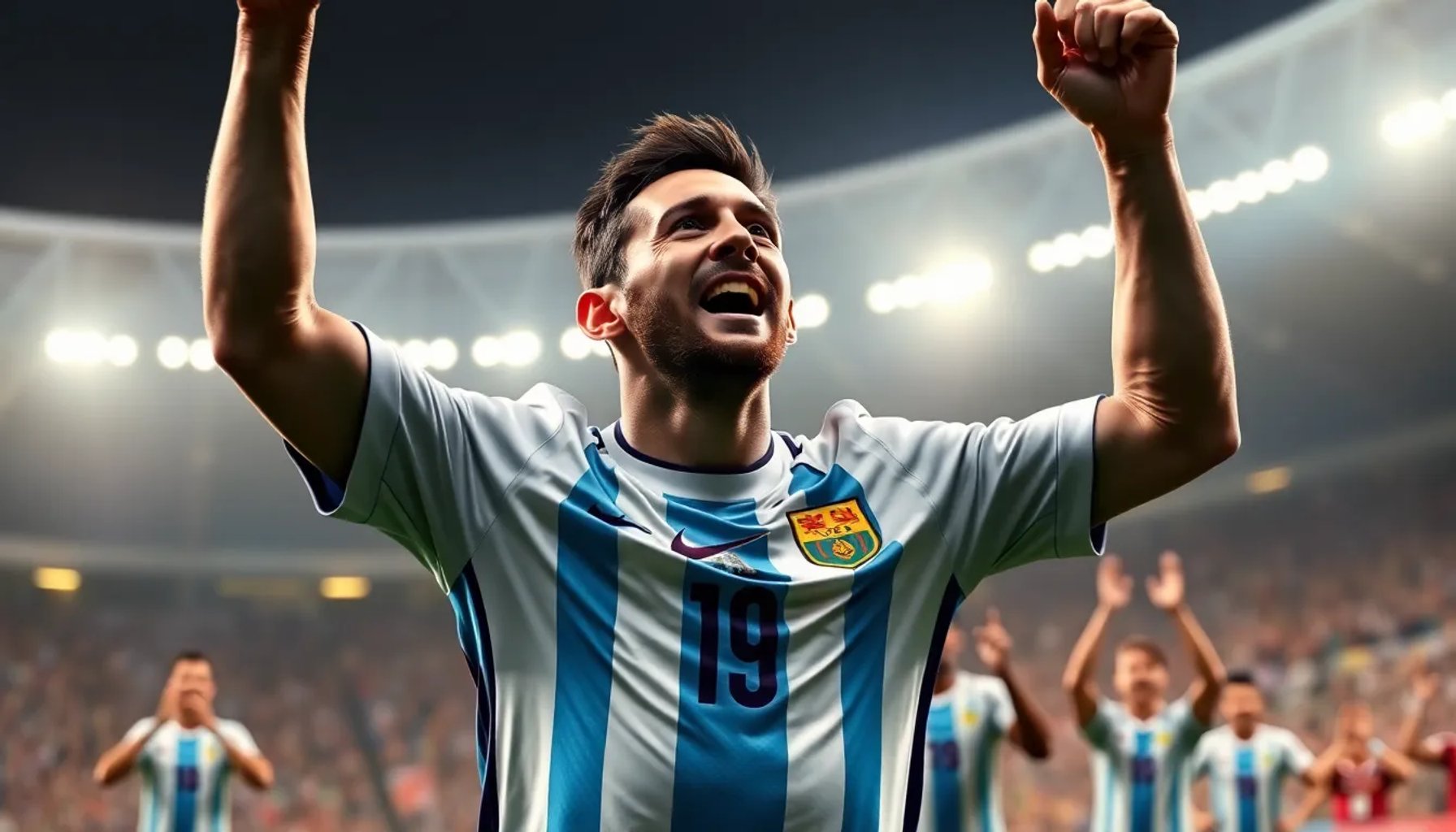Lionel Messi celebrando un gol con la camiseta de Argentina, rodeado de compañeros entusiastas