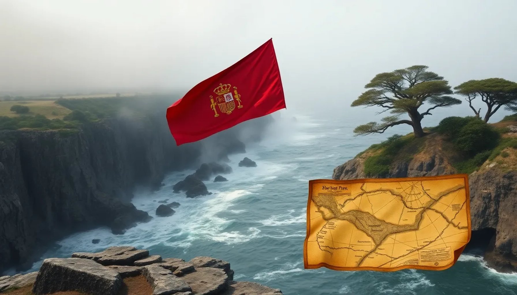 Paisaje costero de California con una cruz española y un manuscrito antiguo sobre una roca