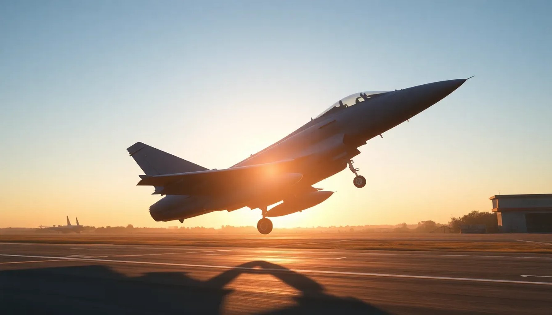 Eurofighter Typhoon despega sobre la base aérea de Getafe con fondo azul y nubes