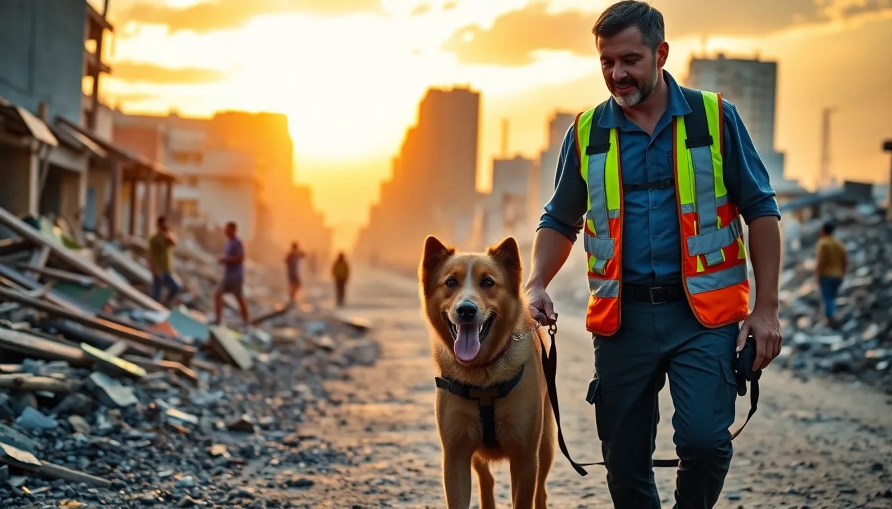 Guía canino sevillano y su perro Heya caminando entre escombros en Venezuela, ambos con chalecos reflectantes