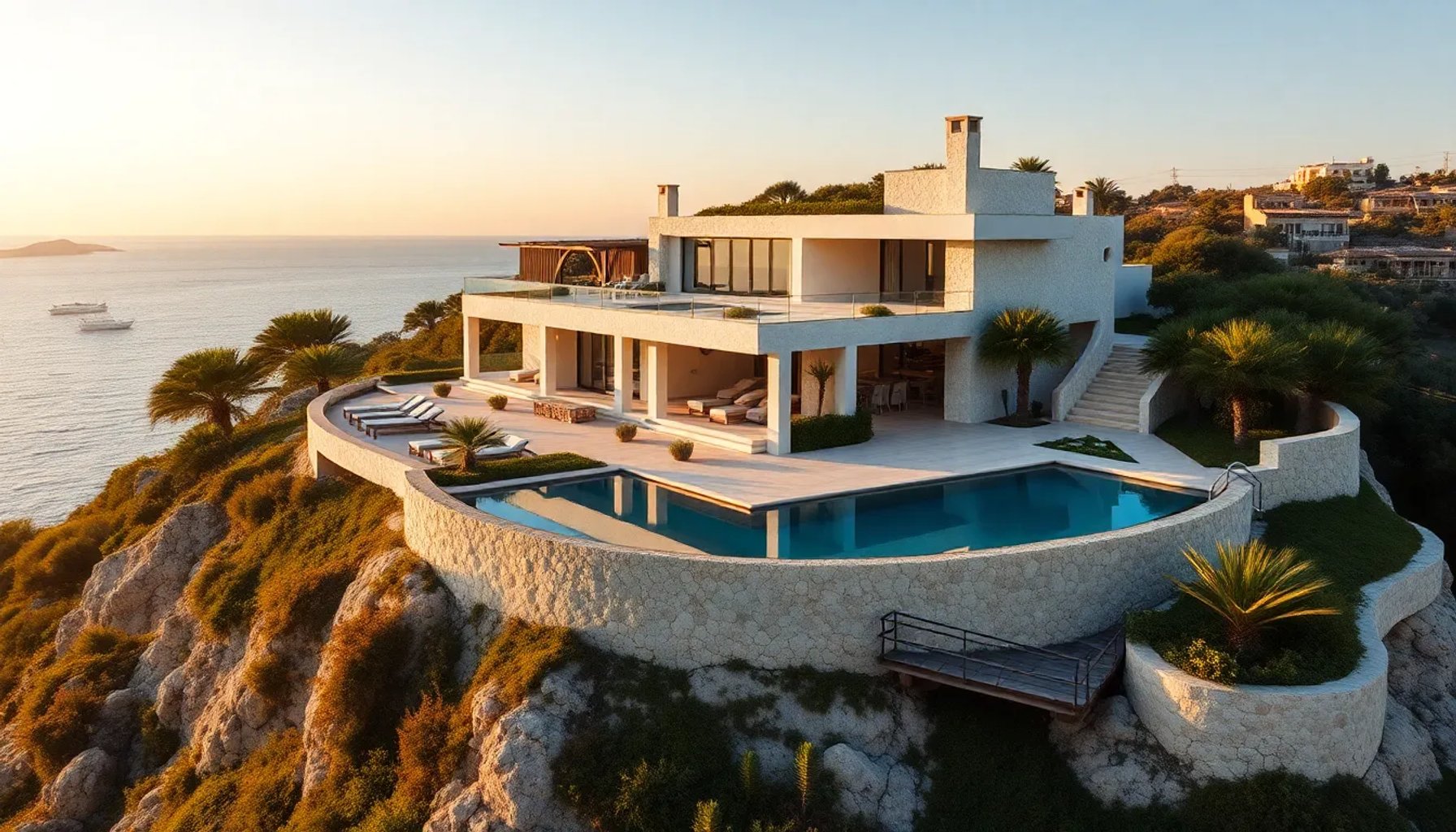 Vista aérea de la mansión balear El Manantial con piscina infinita, jardines exuberantes y arquitectura moderna