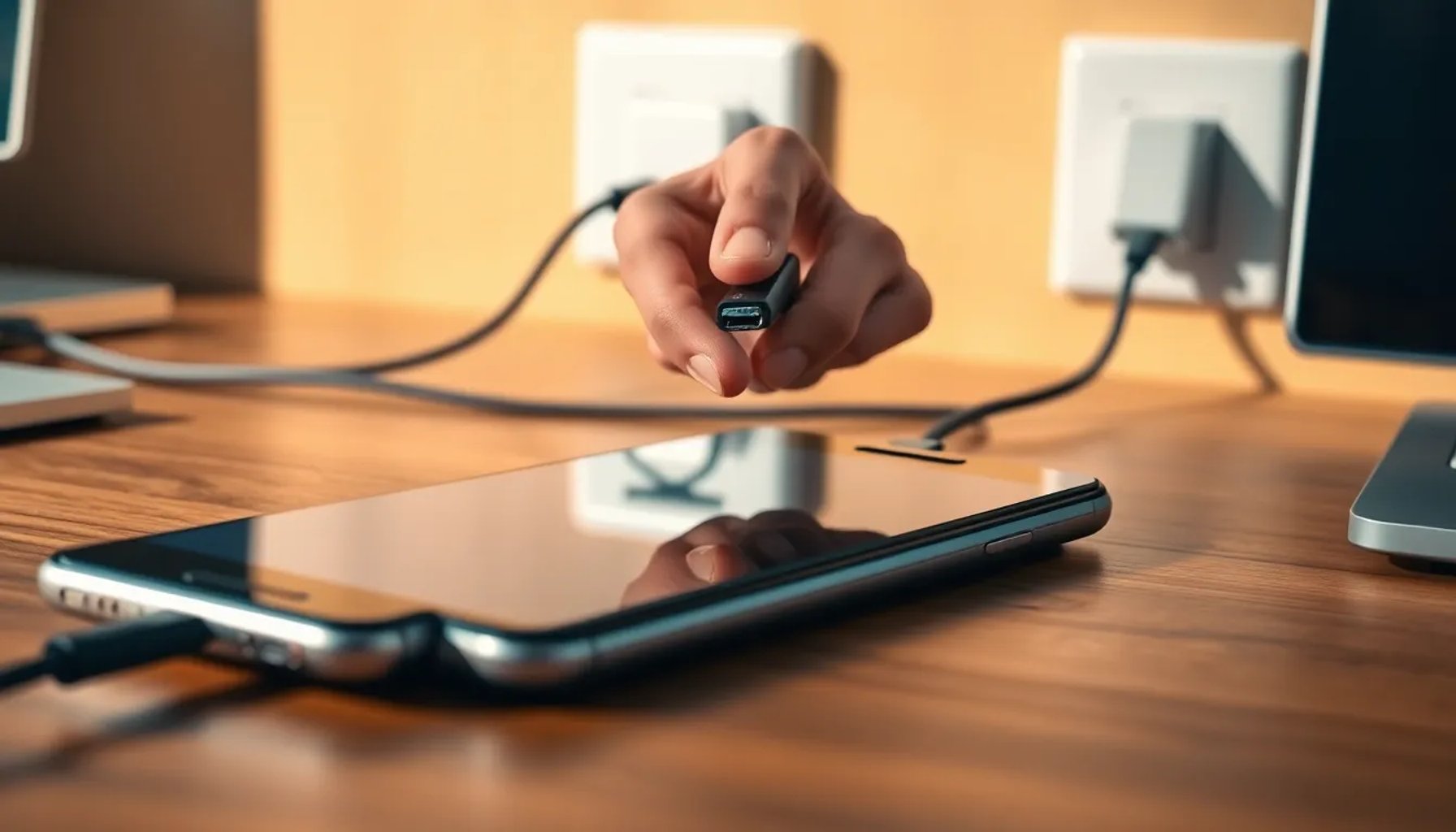 Mano conectando el cargador a un smartphone sobre una mesa de madera