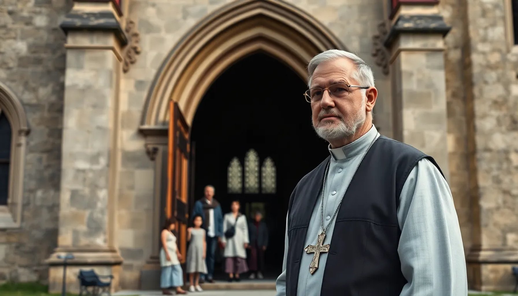 Padre Ángel de pie frente a la fachada de la Catedral de Justo, con familias mirando desde la puerta.