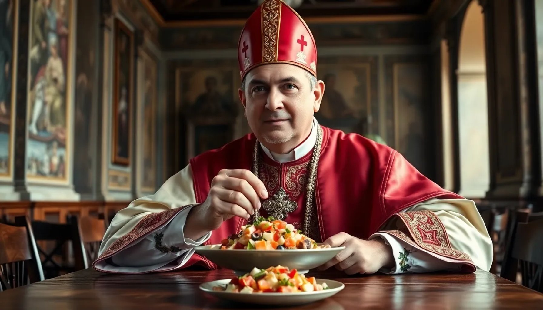 El Papa León XIV degustando ceviche en una mesa decorada con símbolos papales