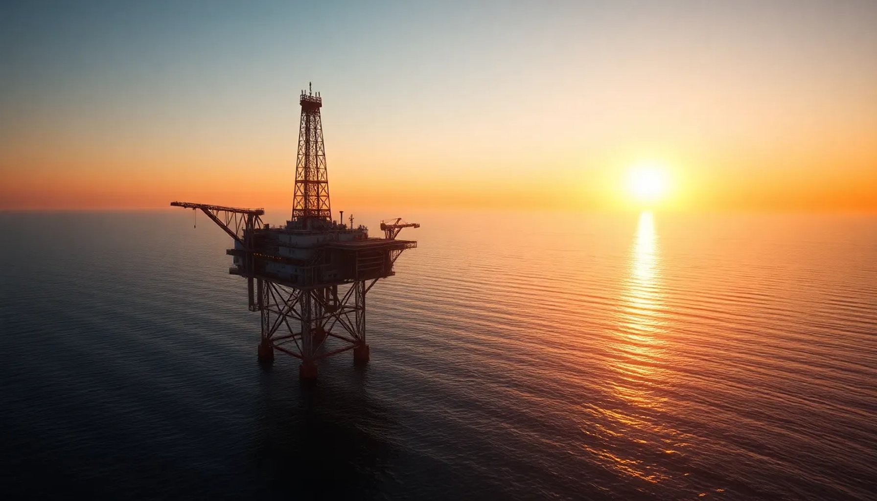 Plataforma de extracción de petróleo en mar abierto al atardecer