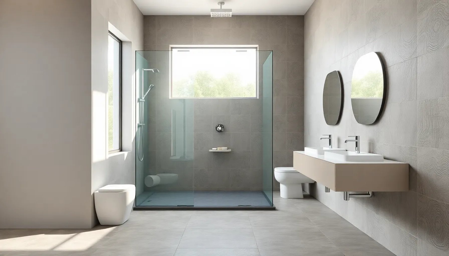 Baño moderno con ducha tipo italiano a nivel de suelo y acabado de microcemento gris