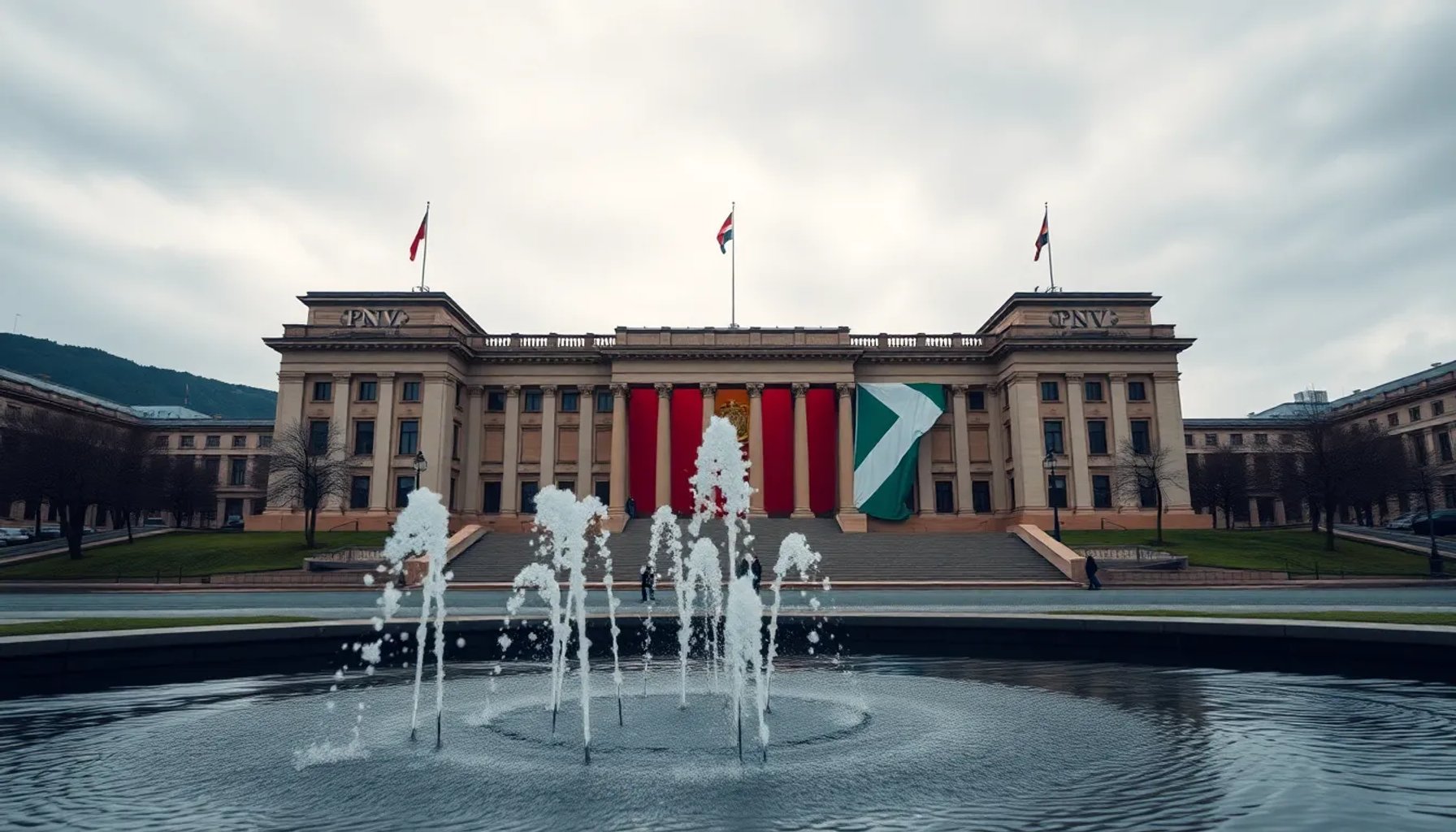 Edificio del Parlamento Vasco con banderas del PNV y una fuente de agua simbolizando la "fontanera"