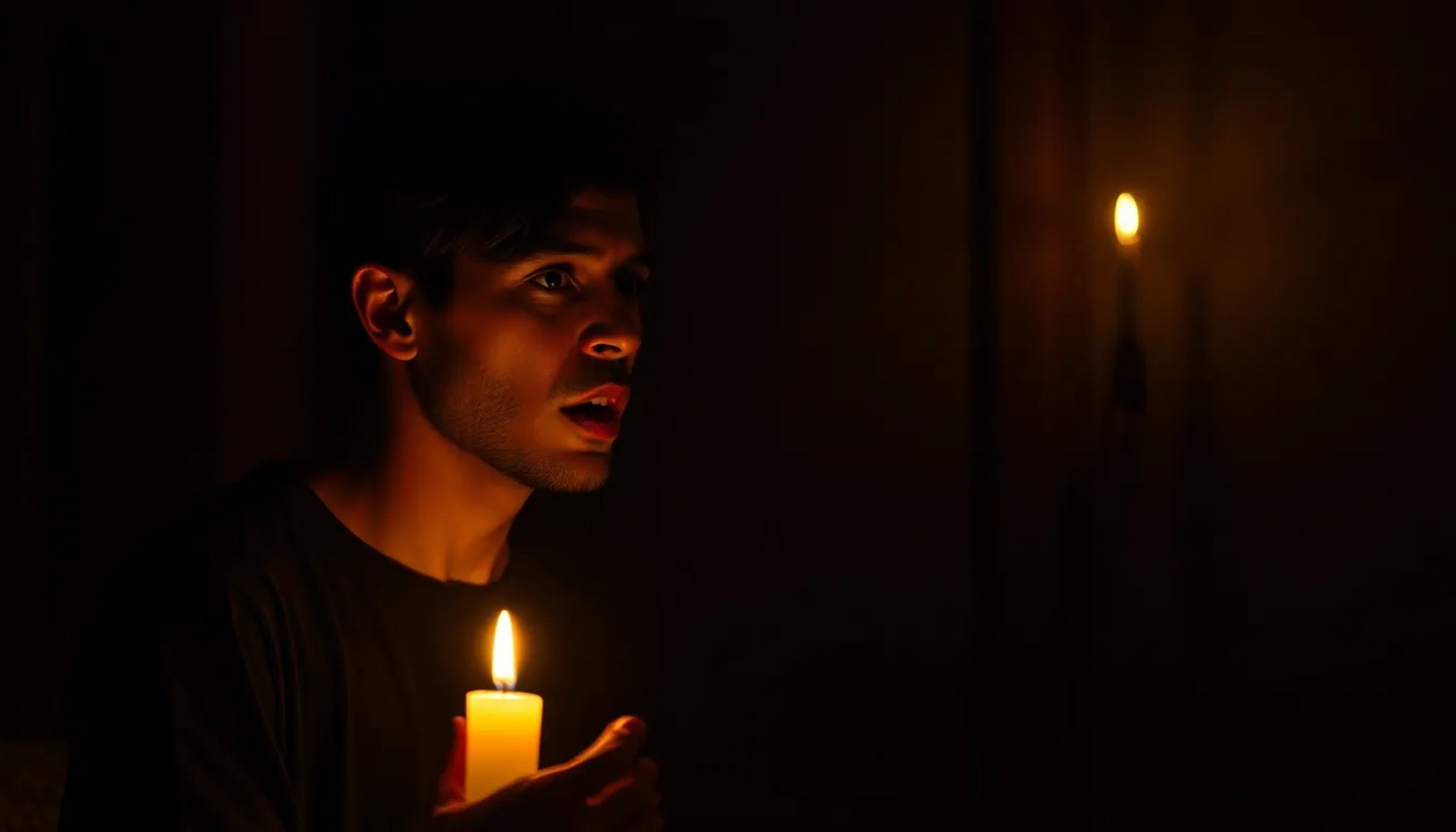Persona hablando en una habitación tenue, iluminada por una vela, simbolizando el poder de la palabra en momentos de oscuridad