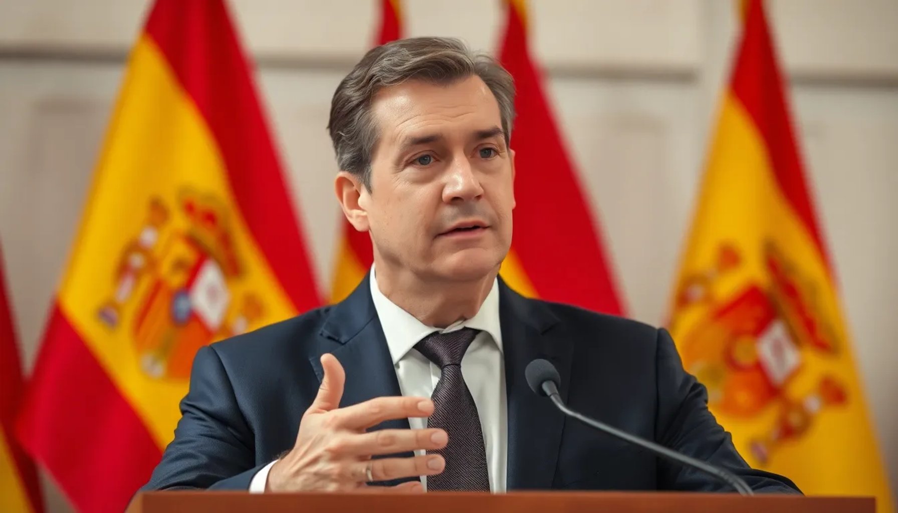 Portavoz de Zapatero en rueda de prensa mostrando gesto de disculpa ante micrófonos y banderas españolas