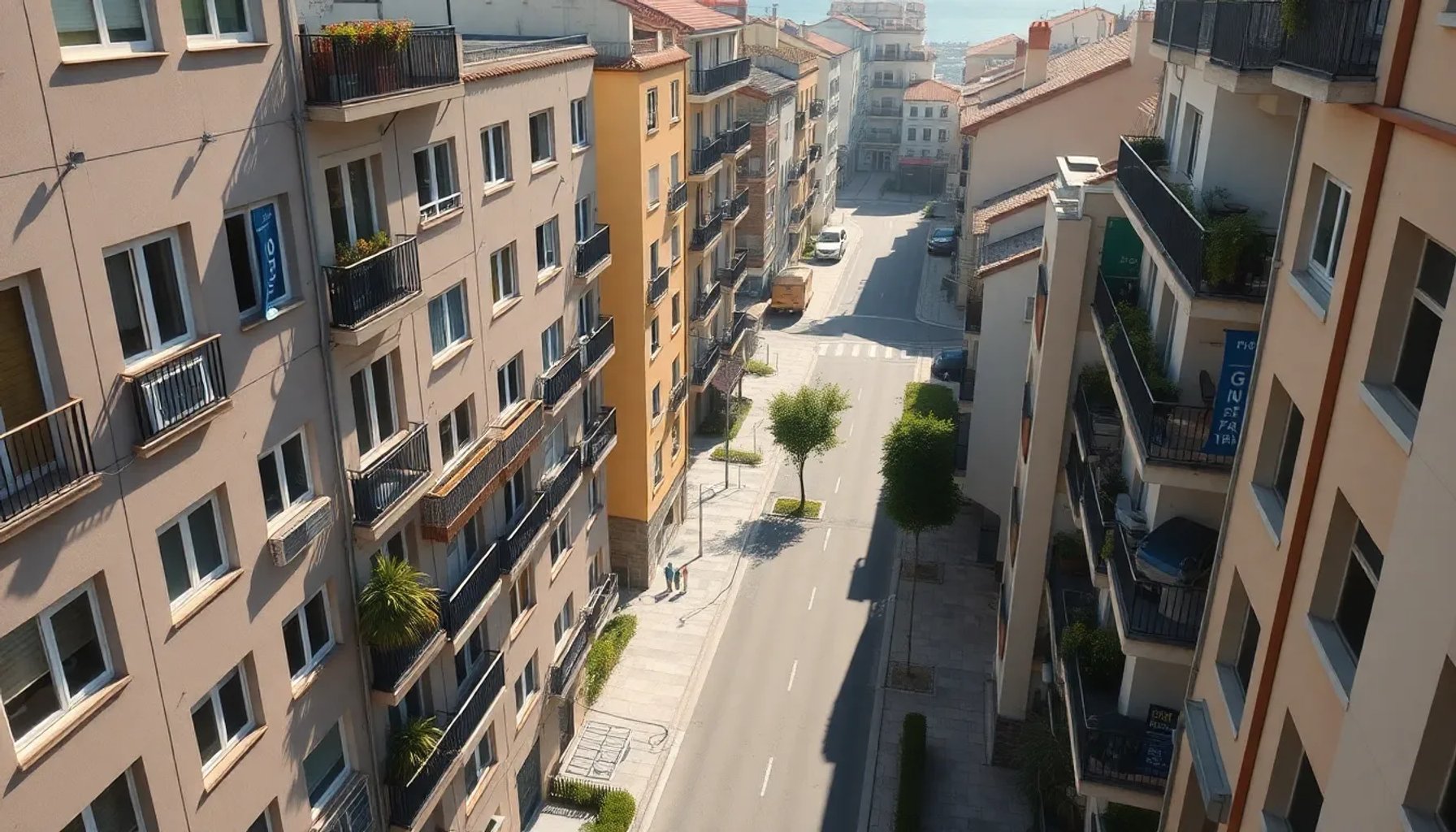 Vista aérea de una calle residencial española con edificios modernos y señales de precios de venta en los escaparates