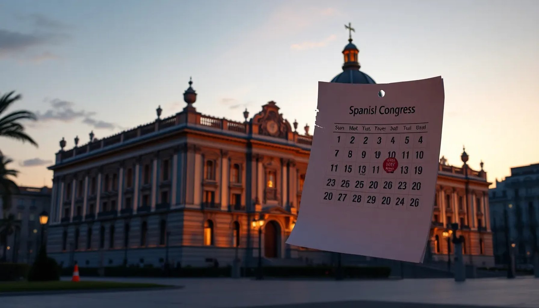 Fotografía del Congreso de los Diputados al atardecer con un calendario arrancado ondeando al viento