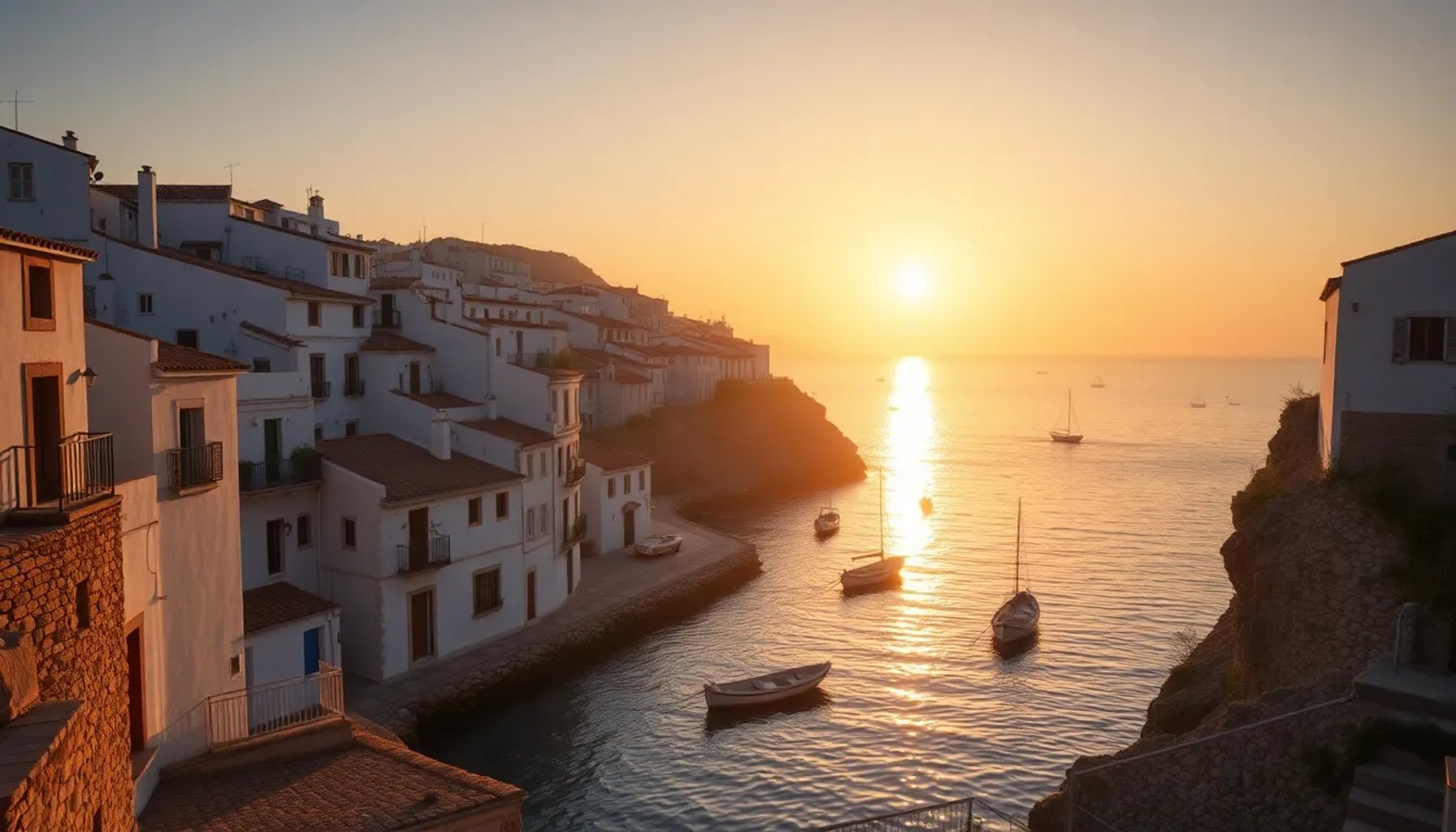 Vista panorámica del pueblo costero catalán que inspiró la canción Mediterráneo de Joan Manuel Serrat, con mar azul y casas blancas