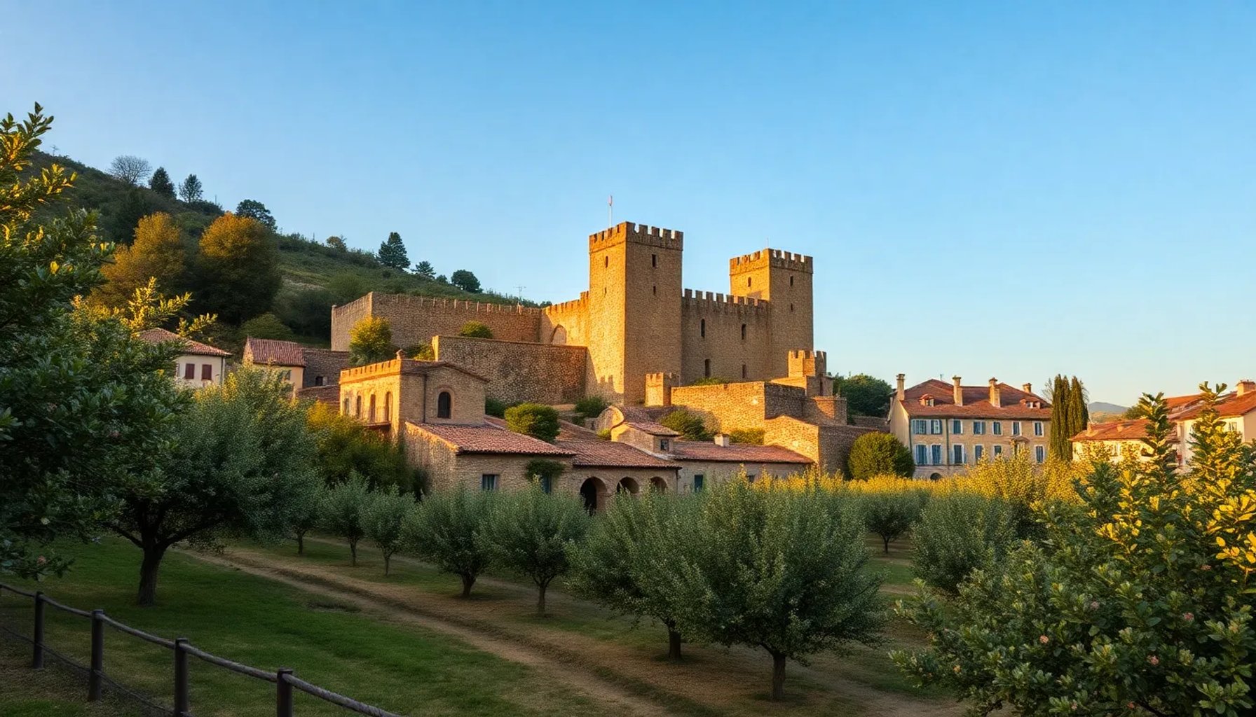 Vista panorámica del pueblo aragonés con castillo de piedra y campos de melocotoneros al atardecer