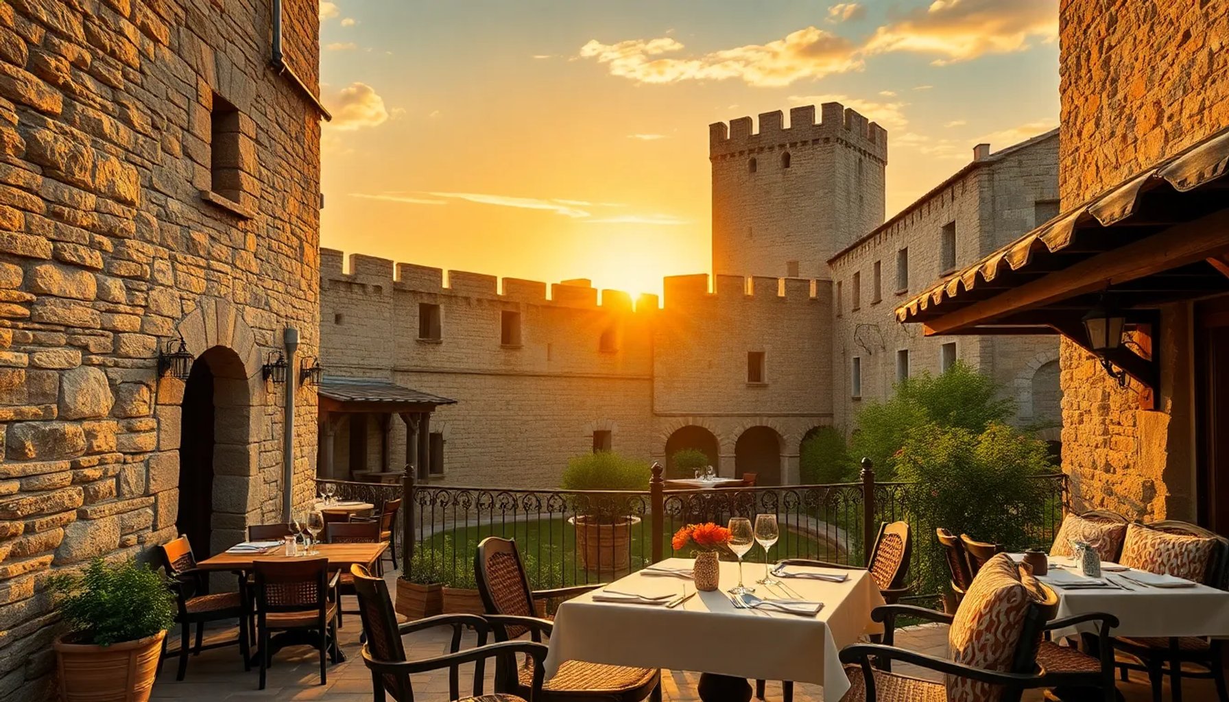 Castillo del siglo XV en Castilla y León con terraza de restaurante sirviendo platos tradicionales bajo la luz del atardecer