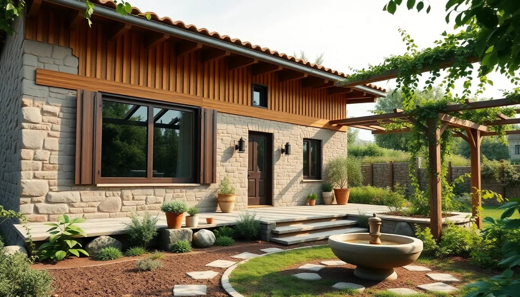 Chalet de estilo rústico-moderno rodeado de un amplio jardín verde con zona de huerto y pérgola