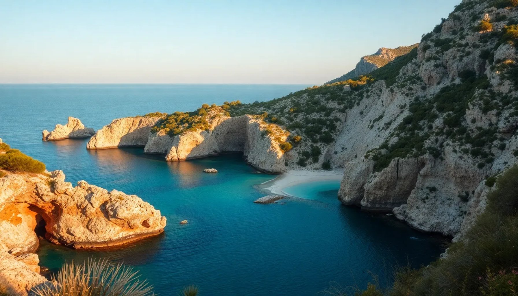 Isla mediterránea con calas de agua turquesa y bahías rodeadas de vegetación