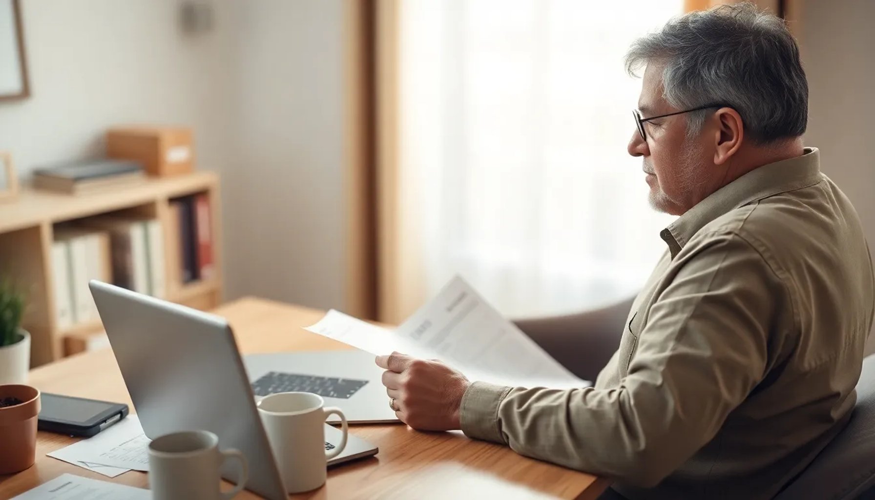 Imagen de una persona revisando su declaración de impuestos en una laptop, con documentos y una calculadora sobre el escritorio