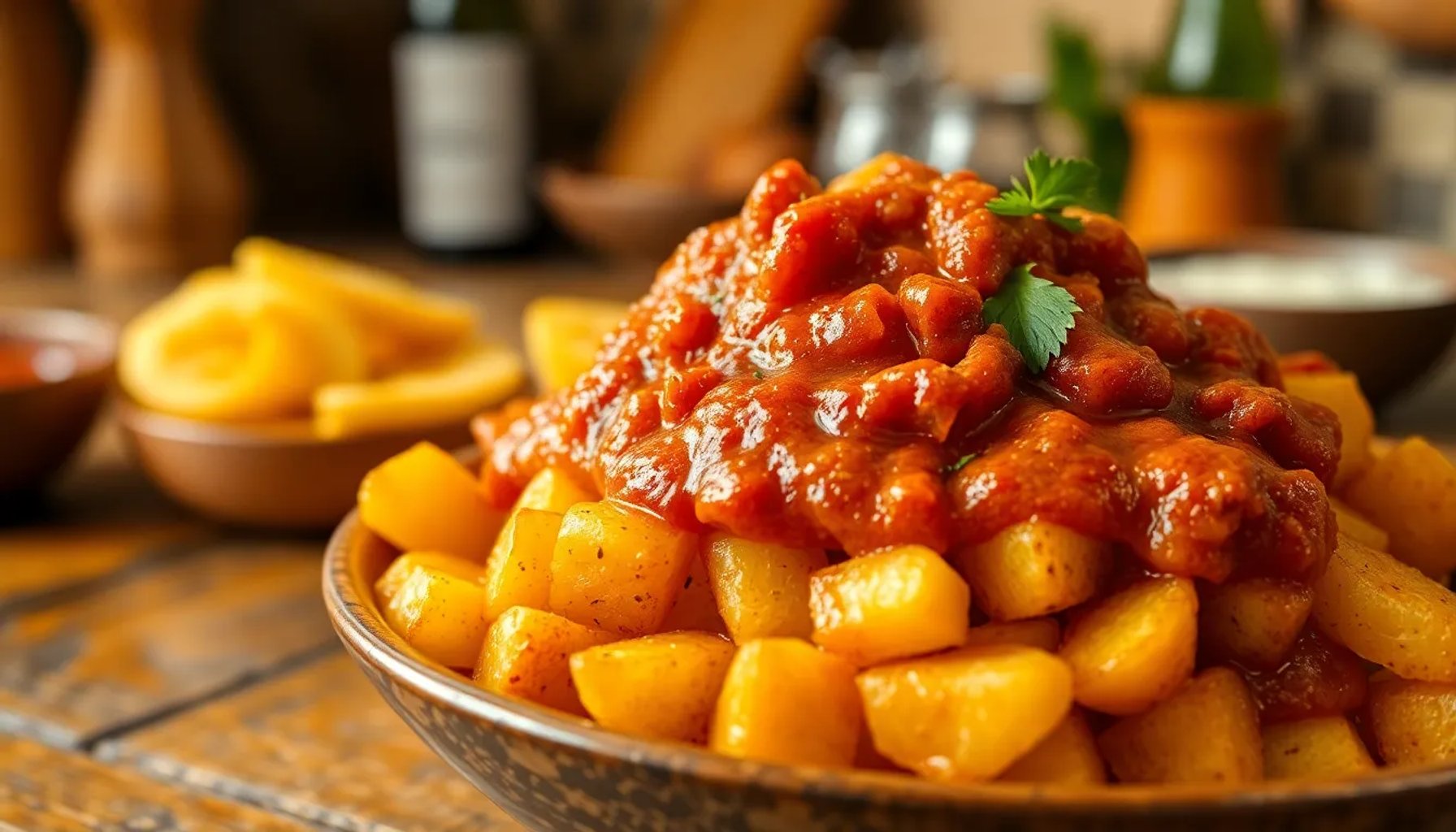 Plato de patatas brava con salsa rojiza, servido en una tabla de rústica sobre fondo de cocina tradicional
