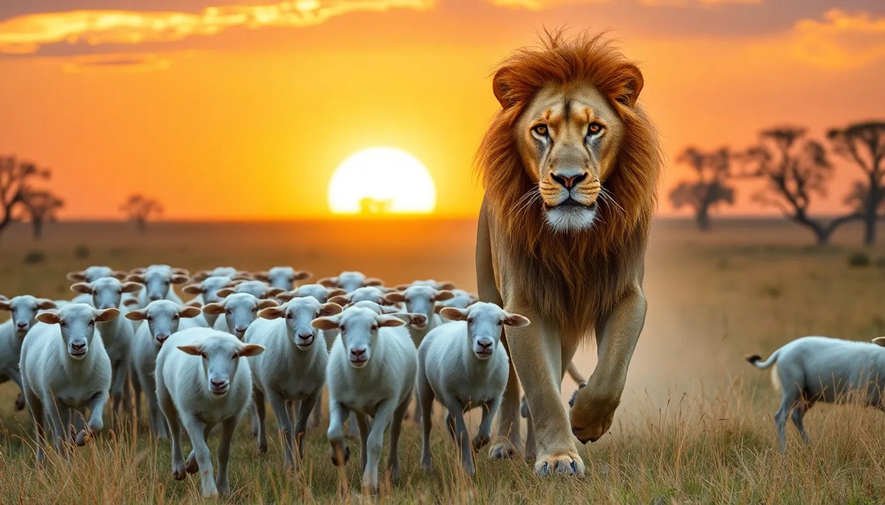 León guiando una manada de ovejas en una llanura africana al atardecer