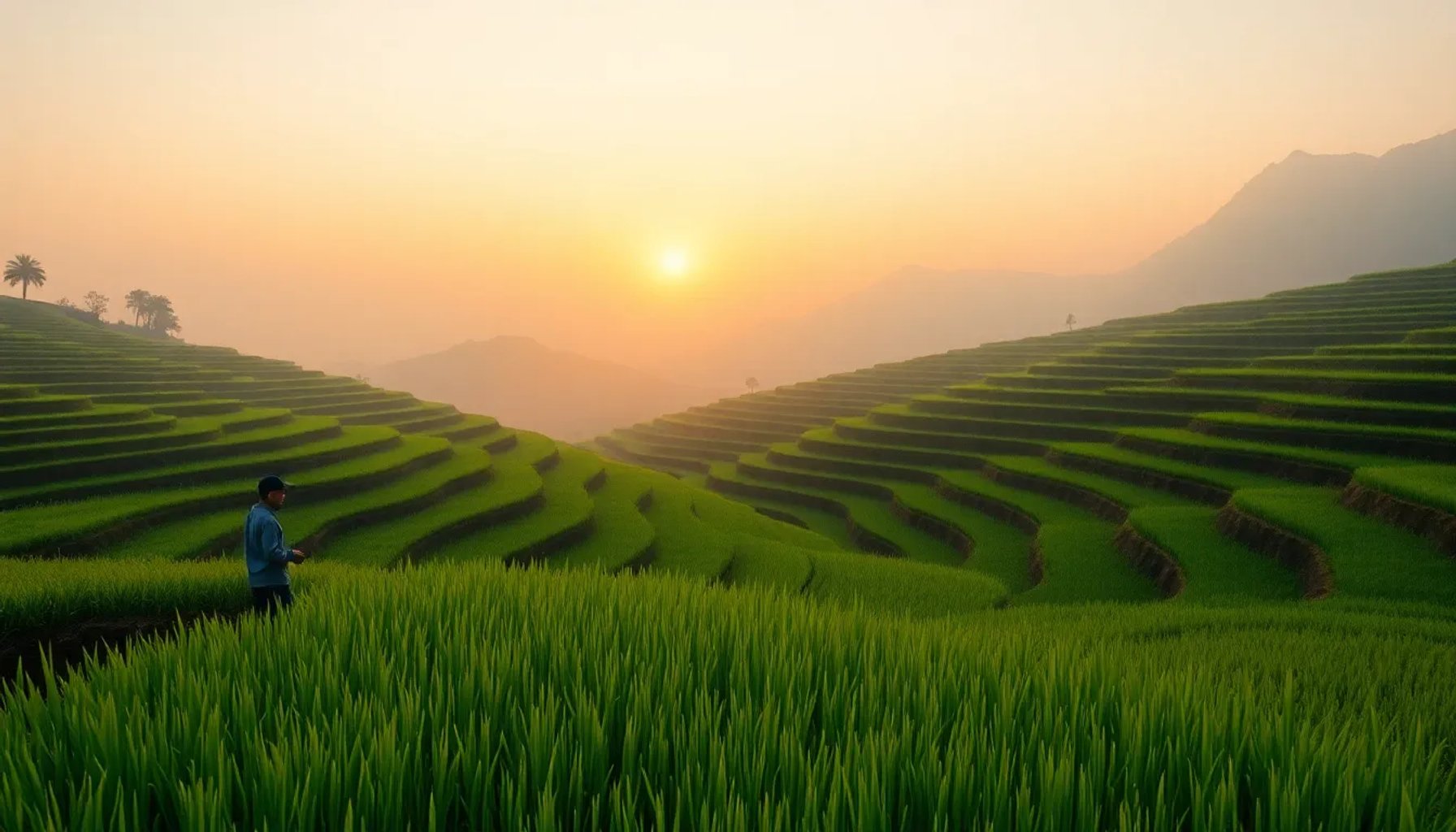 Campo de arroz en terrazas al atardecer con un agricultor observando pacientemente el cultivo