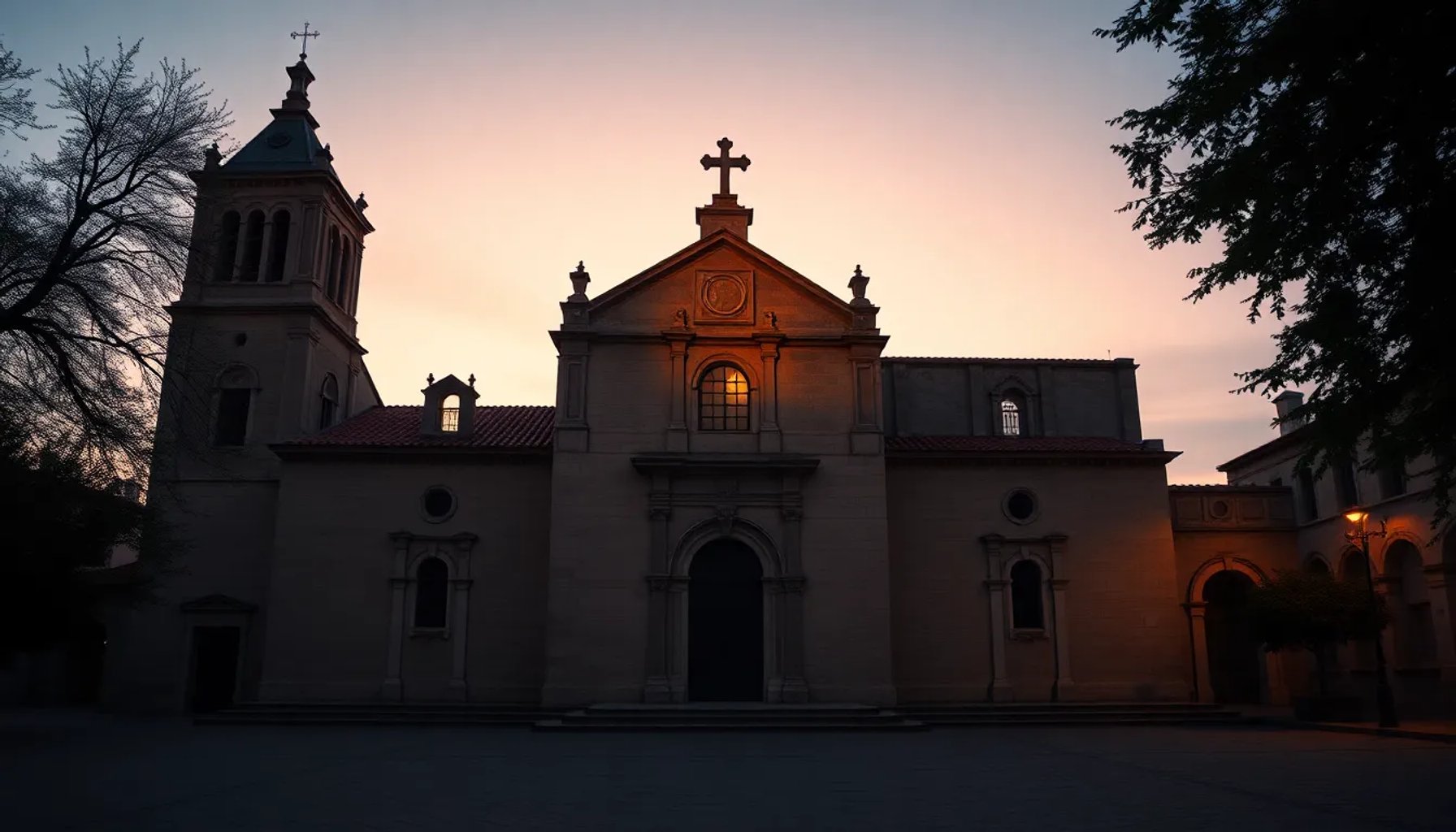 Fachada del convento de Belorado al atardecer, con luz tenue y silhouettes de figuras que se alejan del edificio