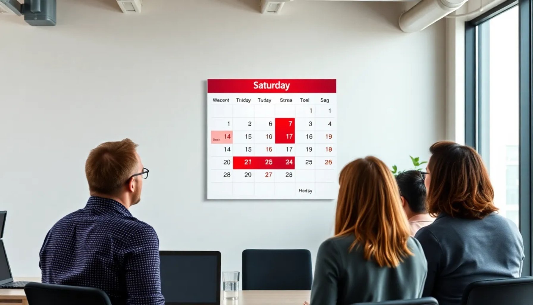 Trabajadores en una oficina moderna revisando un calendario donde un sábado está marcado como festivo