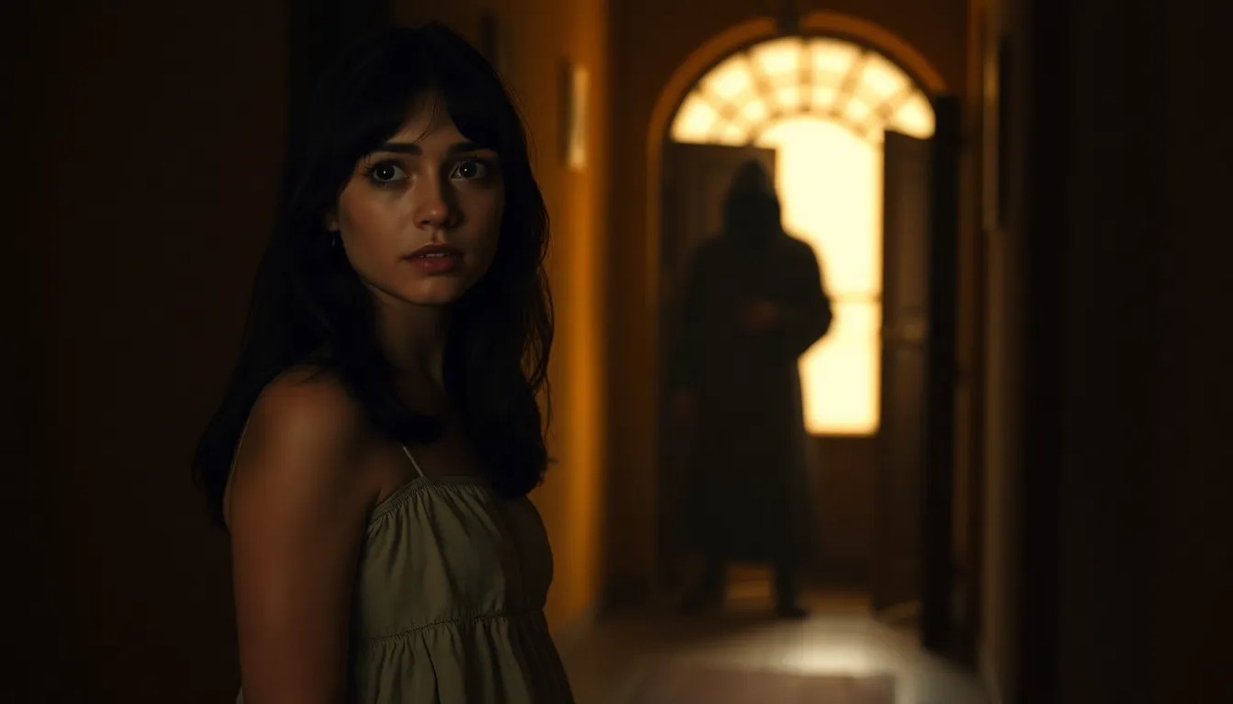Alya mirando con expresión de temor hacia una figura encapuchada en la puerta de una mansión iluminada tenuemente