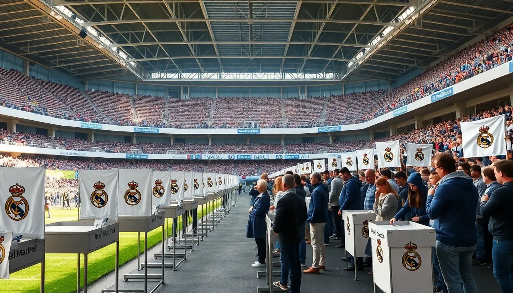 Votación de socios del Real Madrid en el Bernabéu con urnas y banderas del club
