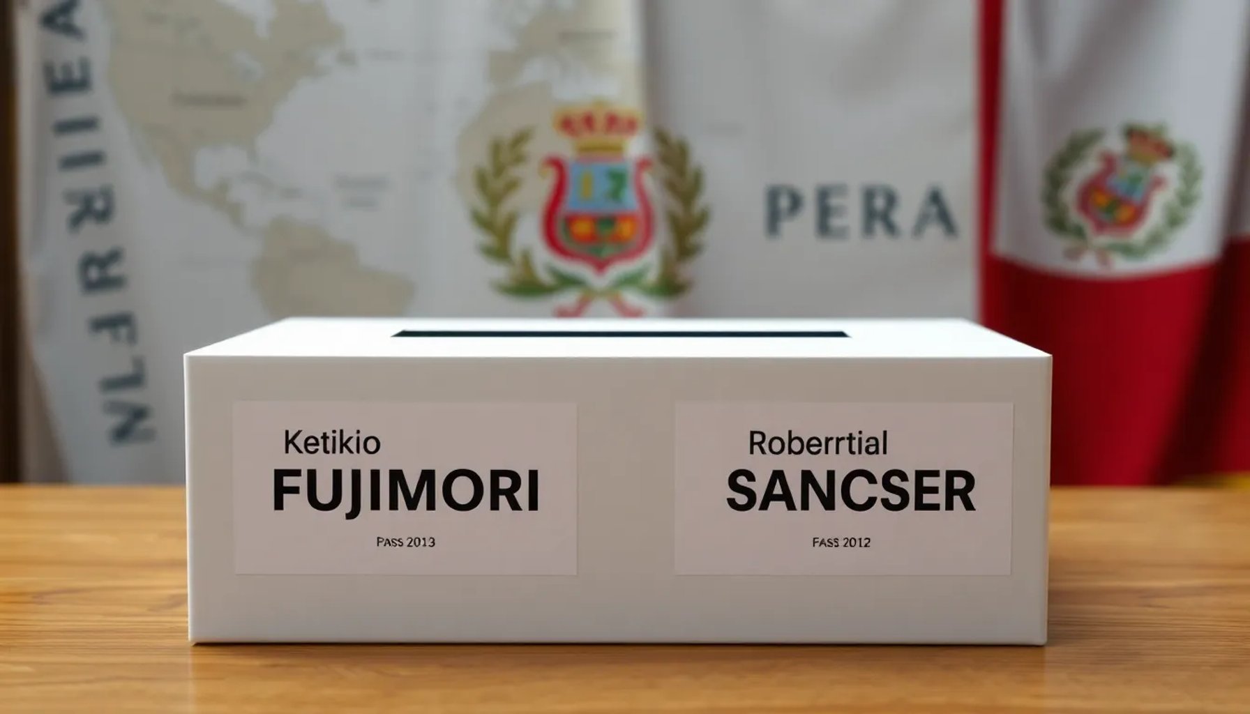 Imagen que muestra una urna electoral con los nombres de Keiko Fujimori y Roberto Sánchez, rodeada de banderas peruanas y un mapa de Perú difuminado al fondo