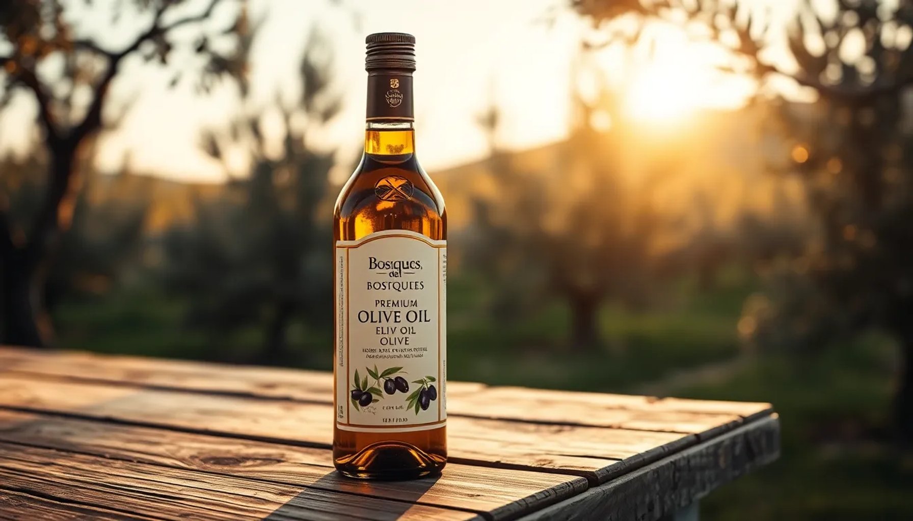 Botella de aceite de oliva virgen extra Bosques del Sur sobre fondo de olivares de Jaén