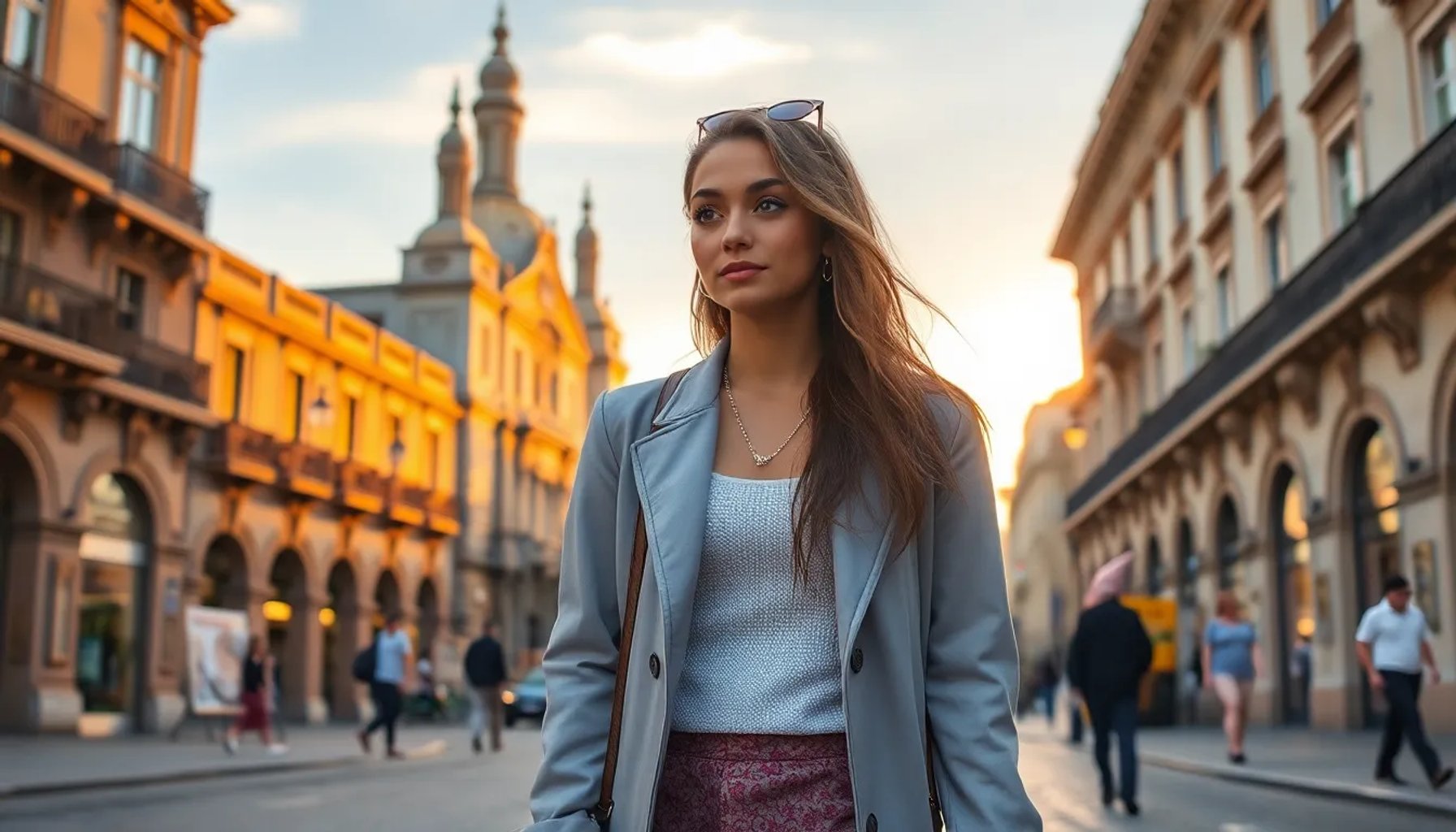 Zendaya caminando por una calle emblemática de Madrid al atardecer, sin acompañante