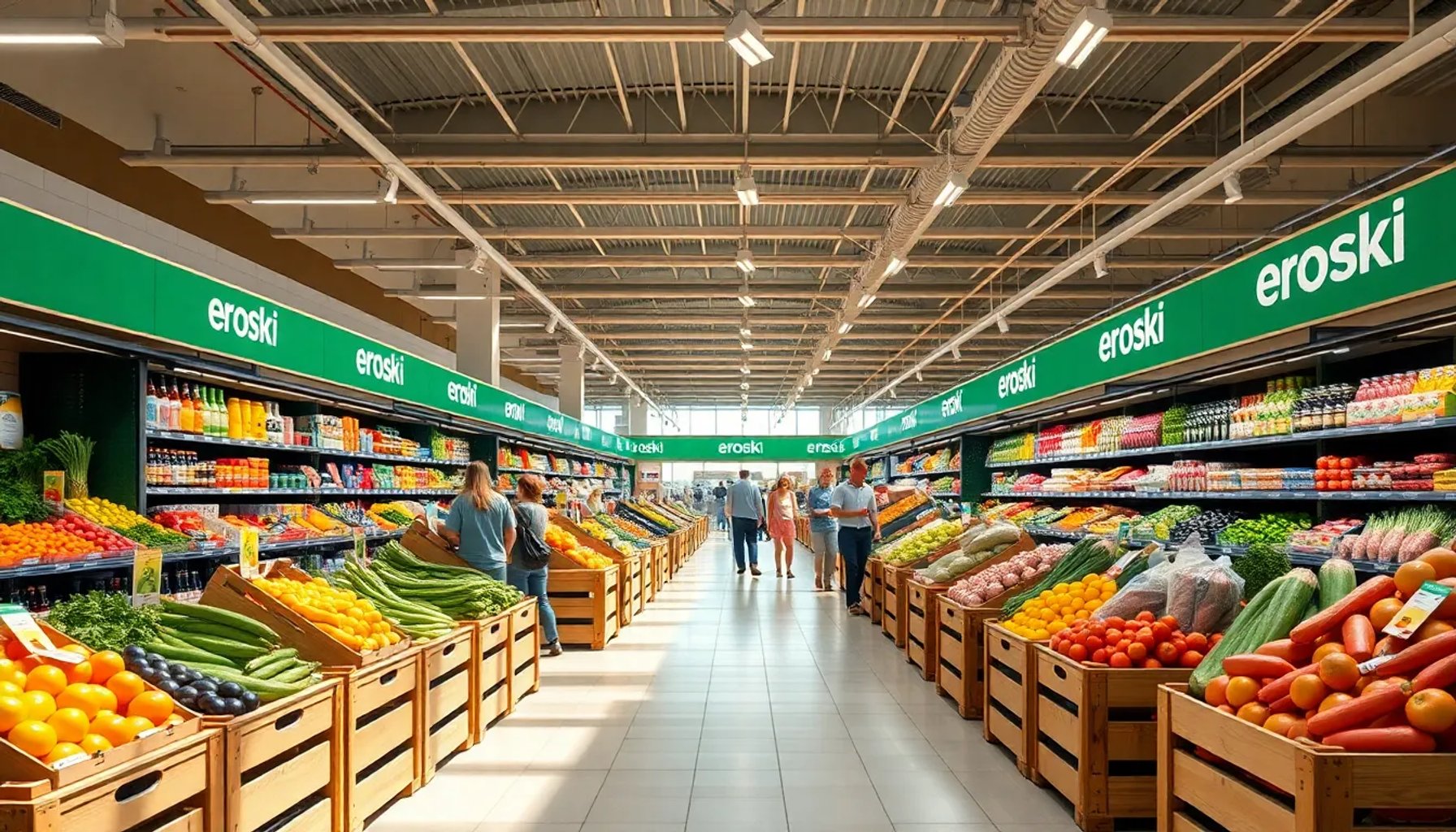 Interior luminoso de una tienda Eroski con estanterías llenas de productos frescos y compradores